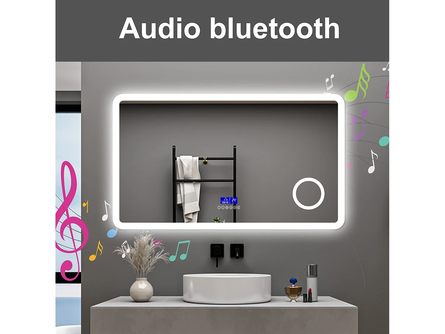 AICA Specchio da bagno  140 x 80 cm,  dimmerabile, Blue tooth,  Funzione Memoria, antiappannamento, 3 colori, Magnificatore,  orologio