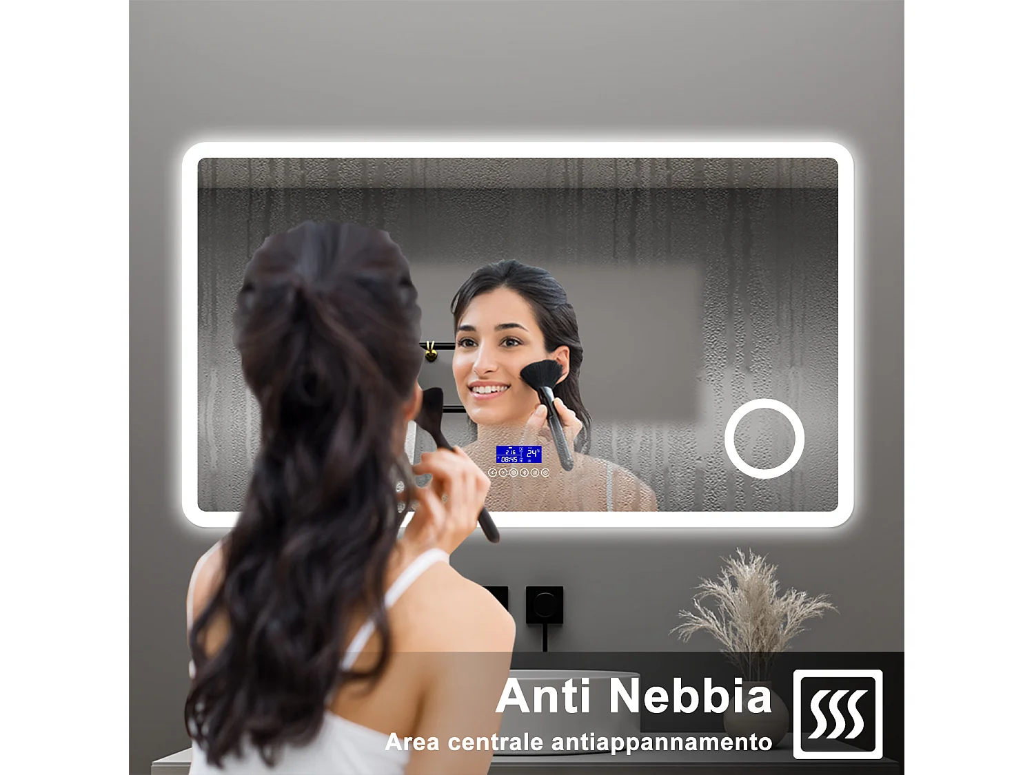 AICA Specchio da bagno  140 x 80 cm,  dimmerabile, Blue tooth,  Funzione Memoria, antiappannamento, 3 colori, Magnificatore,  orologio