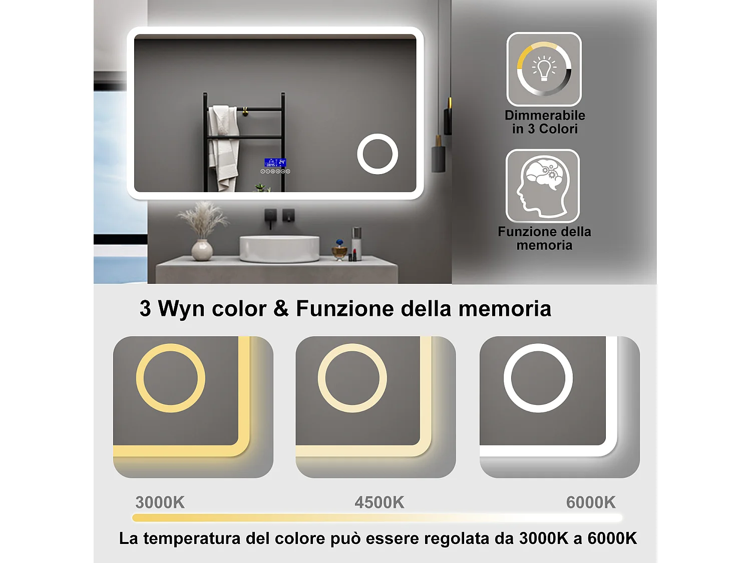 AICA Specchio da bagno  140 x 80 cm,  dimmerabile, Blue tooth,  Funzione Memoria, antiappannamento, 3 colori, Magnificatore,  orologio
