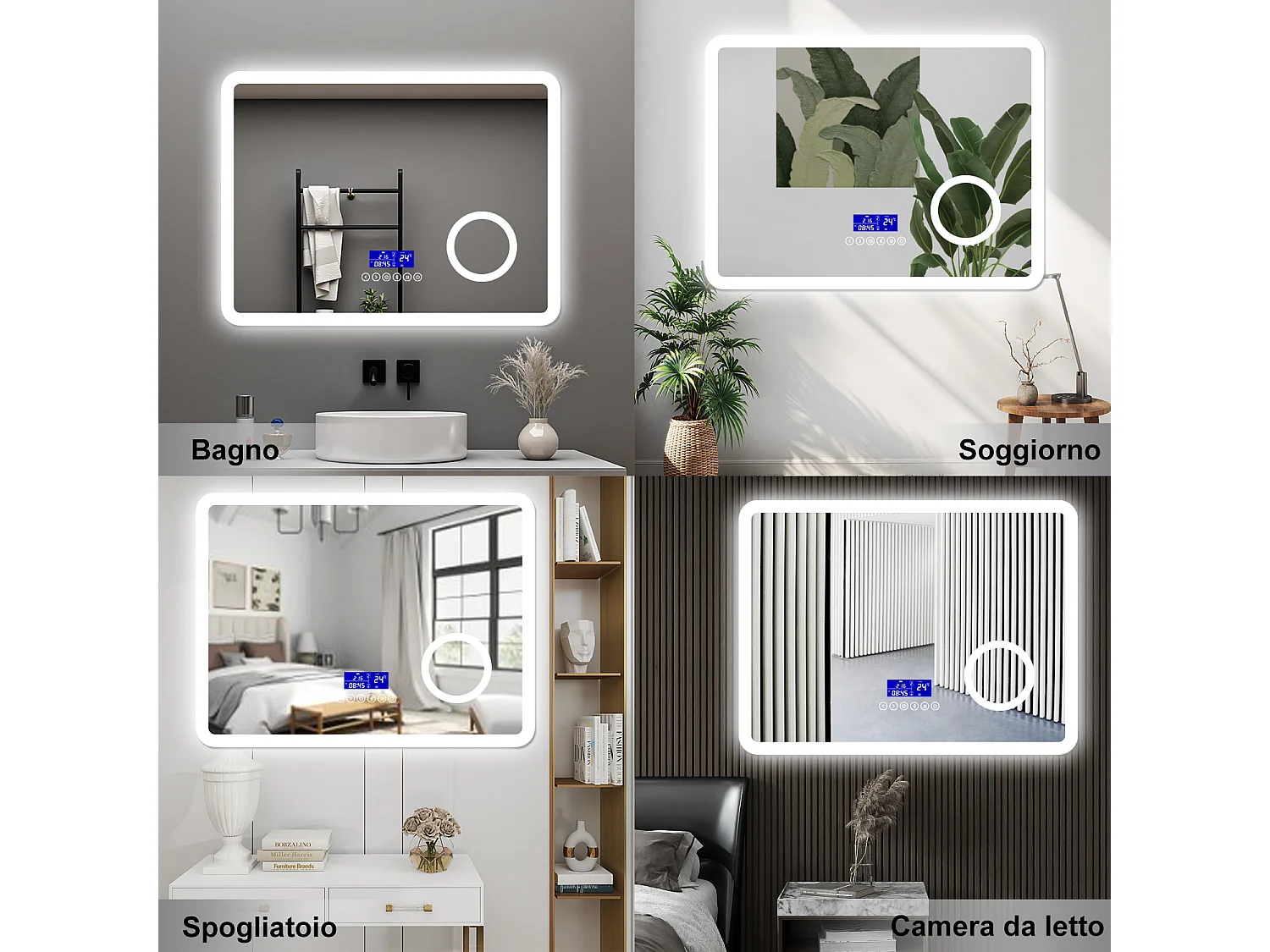 AICA Specchio da bagno  140 x 80 cm,  dimmerabile, Blue tooth,  Funzione Memoria, antiappannamento, 3 colori, Magnificatore,  orologio