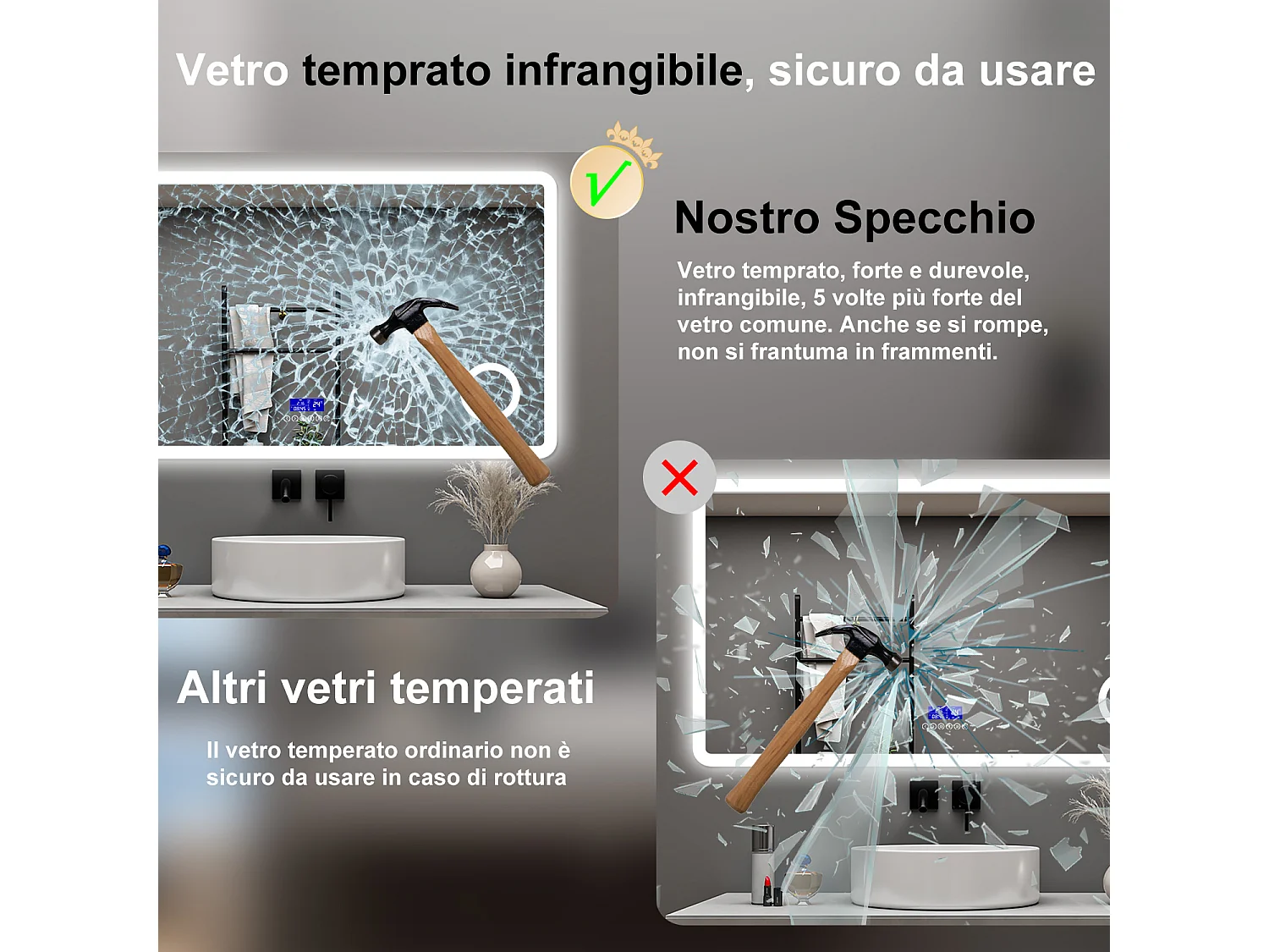 AICA Specchio da bagno  140 x 80 cm,  dimmerabile, Blue tooth,  Funzione Memoria, antiappannamento, 3 colori, Magnificatore,  orologio