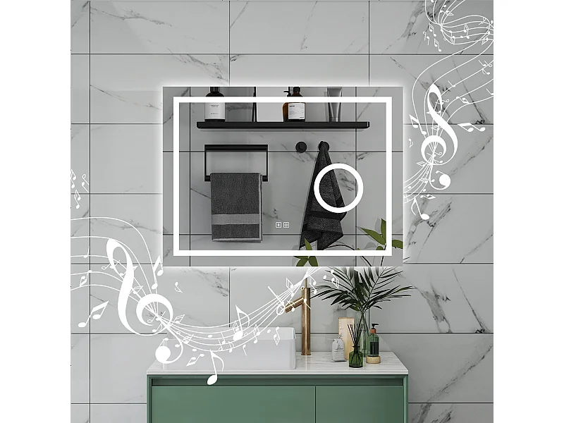 AICA Specchio da bagno  80 x 60 cm, dimmerabile, Blue tooth, Funzione Memoria, antiappannamento, 3 colori, Magnificatore