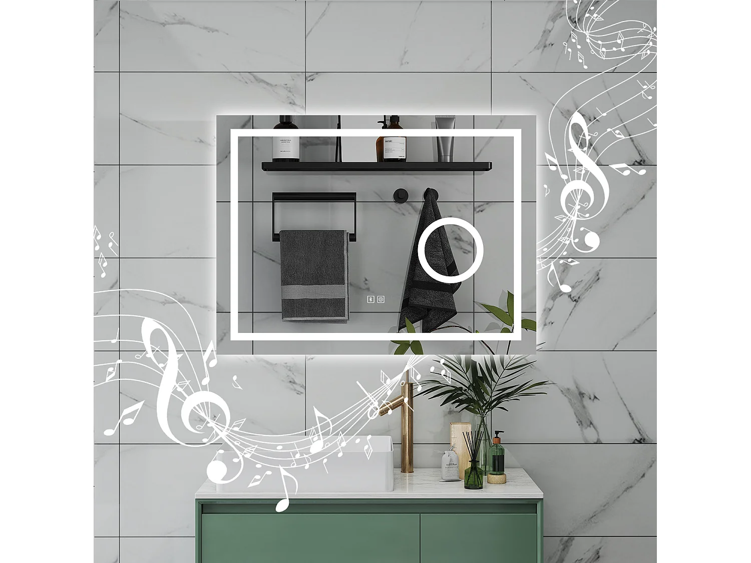 AICA Specchio da bagno  80 x 60 cm, dimmerabile, Blue tooth, Funzione Memoria, antiappannamento, 3 colori, Magnificatore