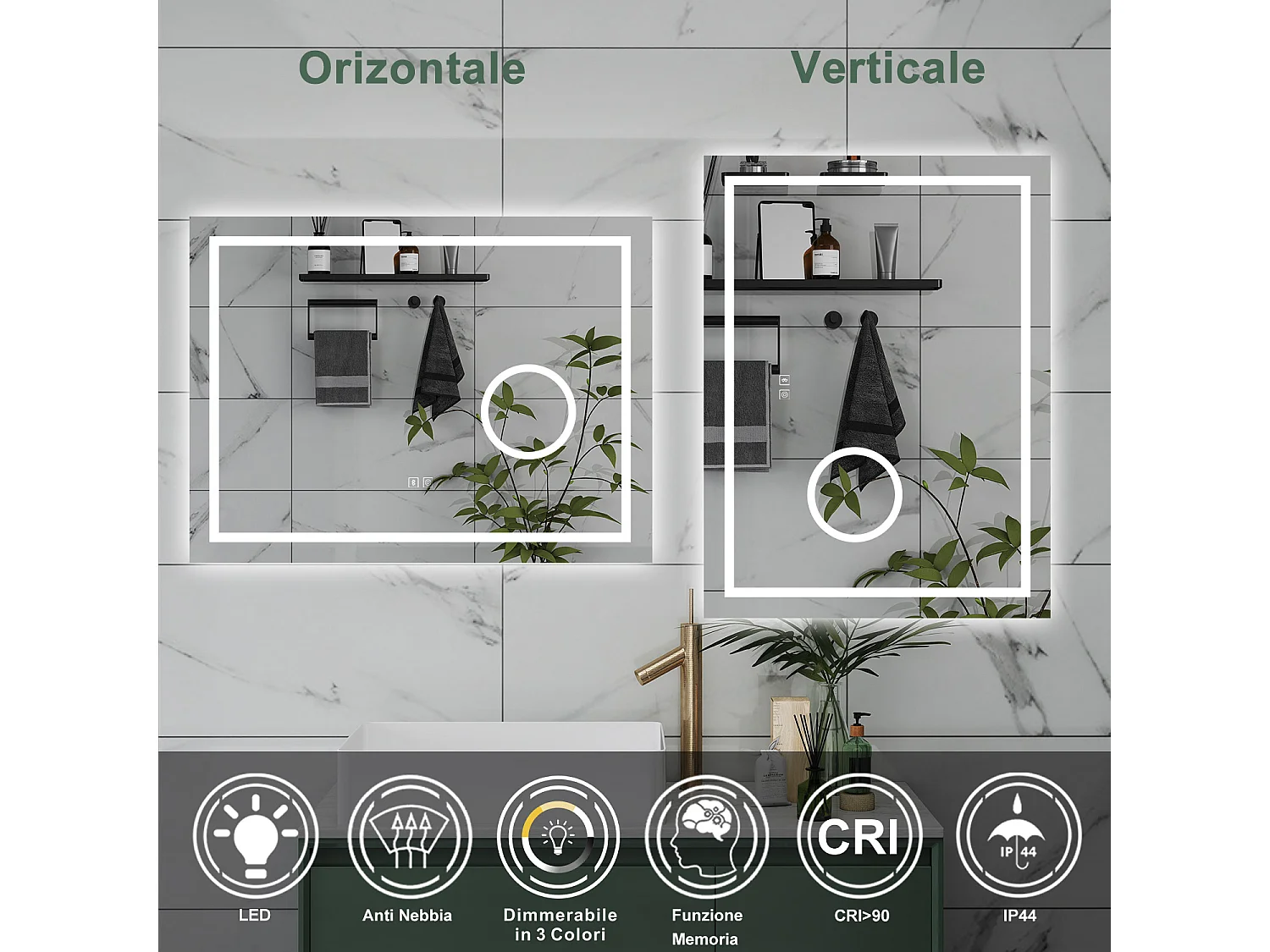 AICA Specchio da bagno  80 x 60 cm, dimmerabile, Blue tooth, Funzione Memoria, antiappannamento, 3 colori, Magnificatore