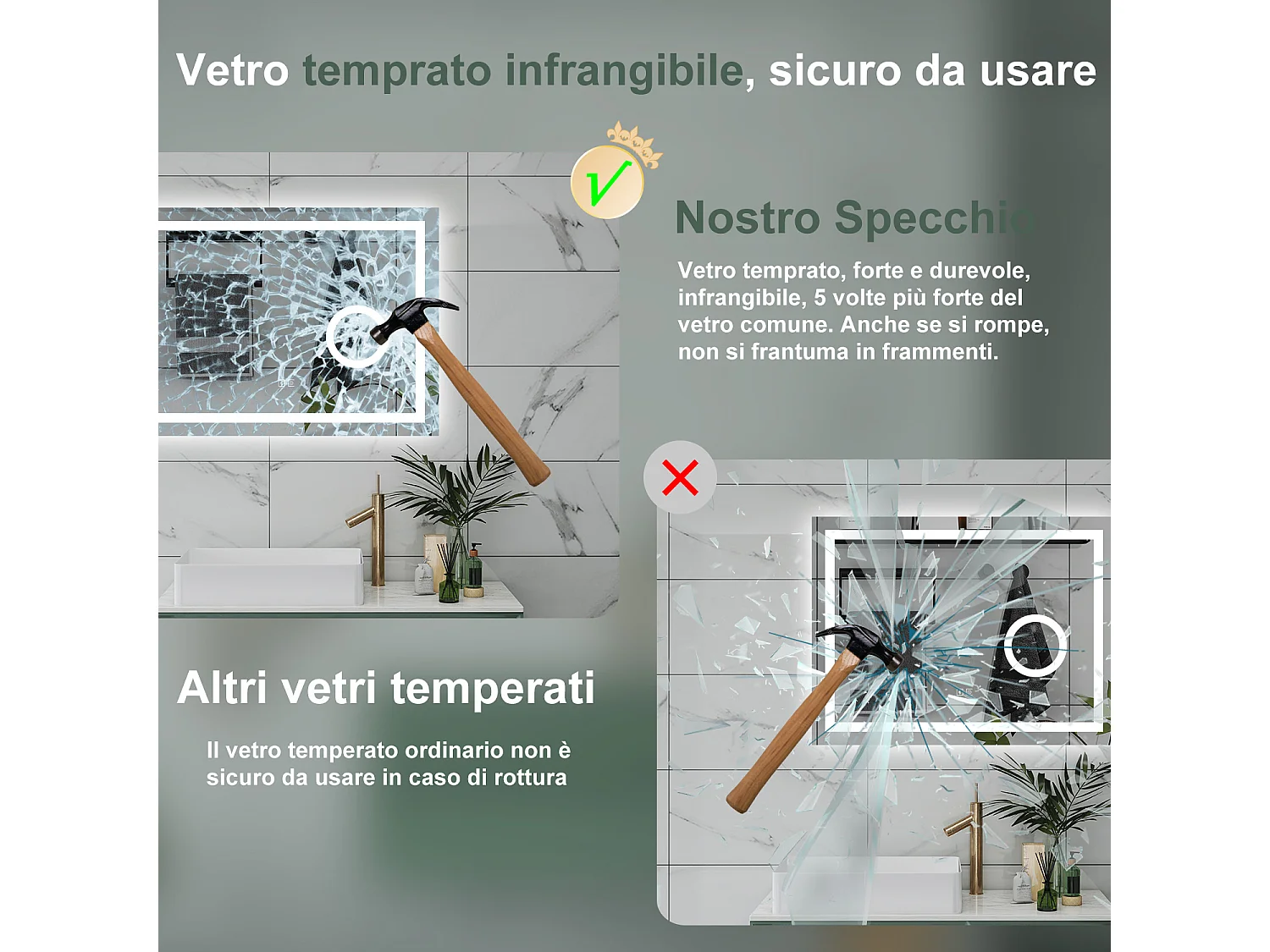 AICA Specchio da bagno  80 x 60 cm, dimmerabile, Blue tooth, Funzione Memoria, antiappannamento, 3 colori, Magnificatore