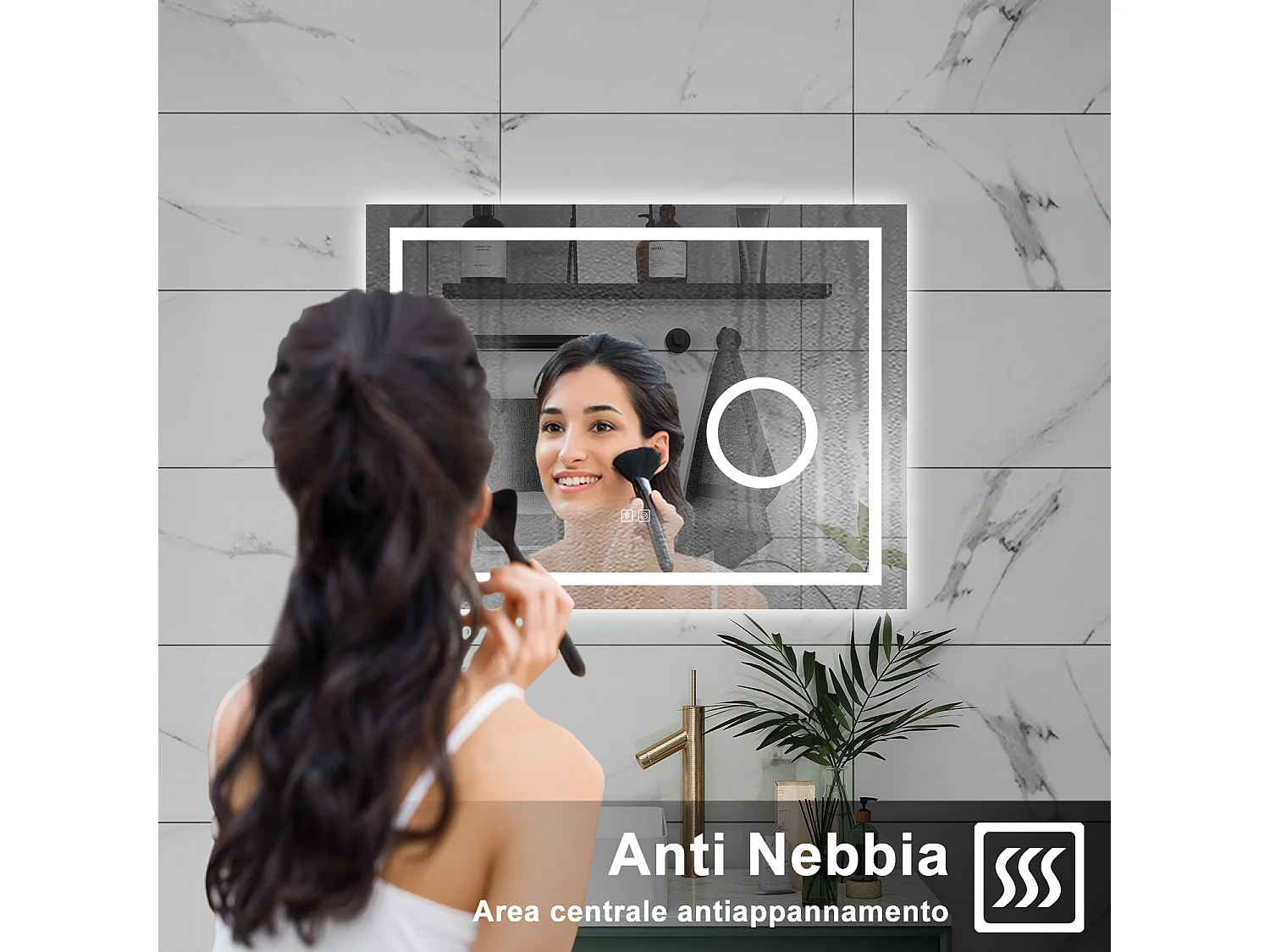 AICA Specchio da bagno  80 x 60 cm, dimmerabile, Blue tooth, Funzione Memoria, antiappannamento, 3 colori, Magnificatore