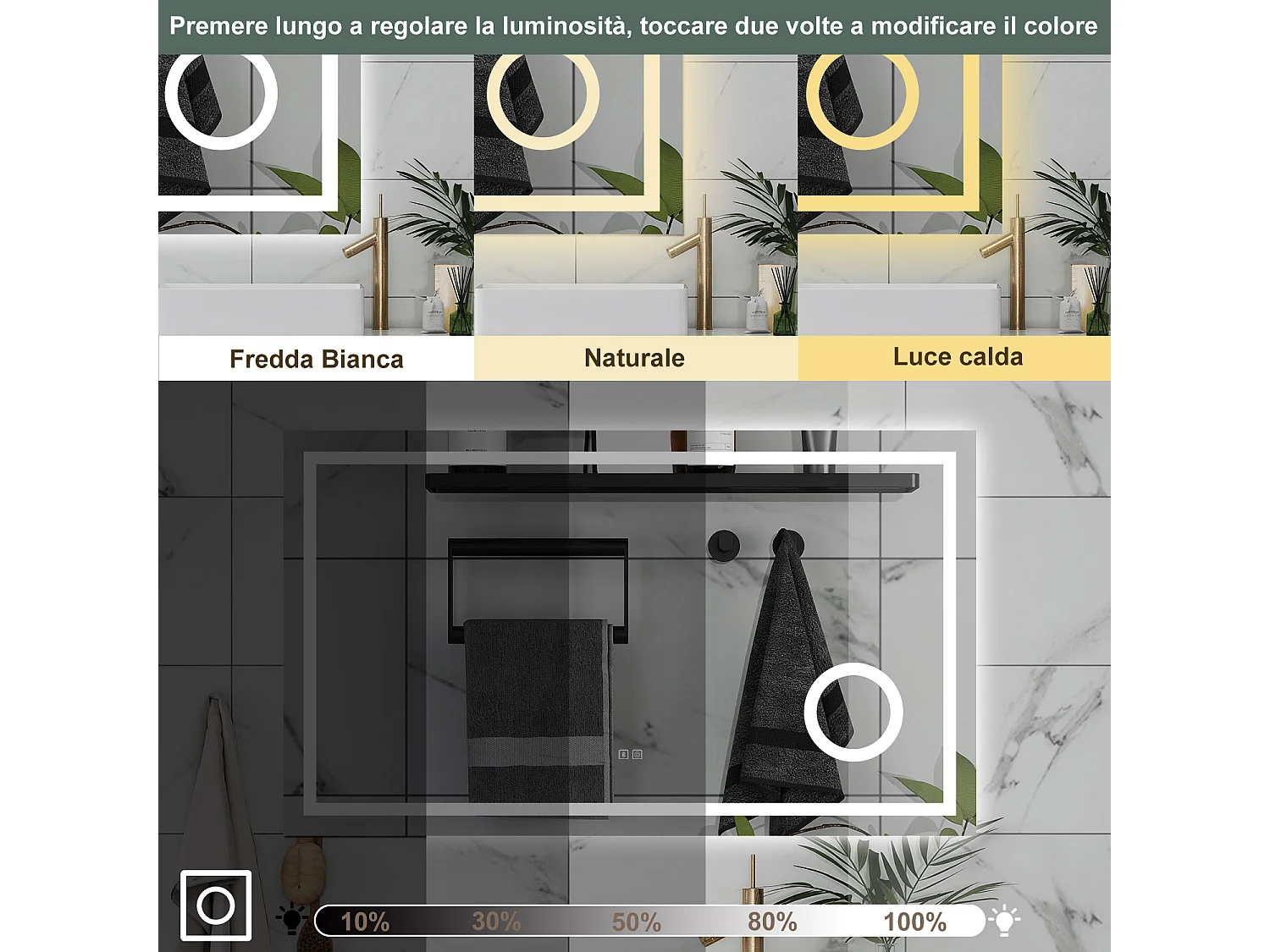 AICA Specchio da bagno  80 x 60 cm, dimmerabile, Blue tooth, Funzione Memoria, antiappannamento, 3 colori, Magnificatore