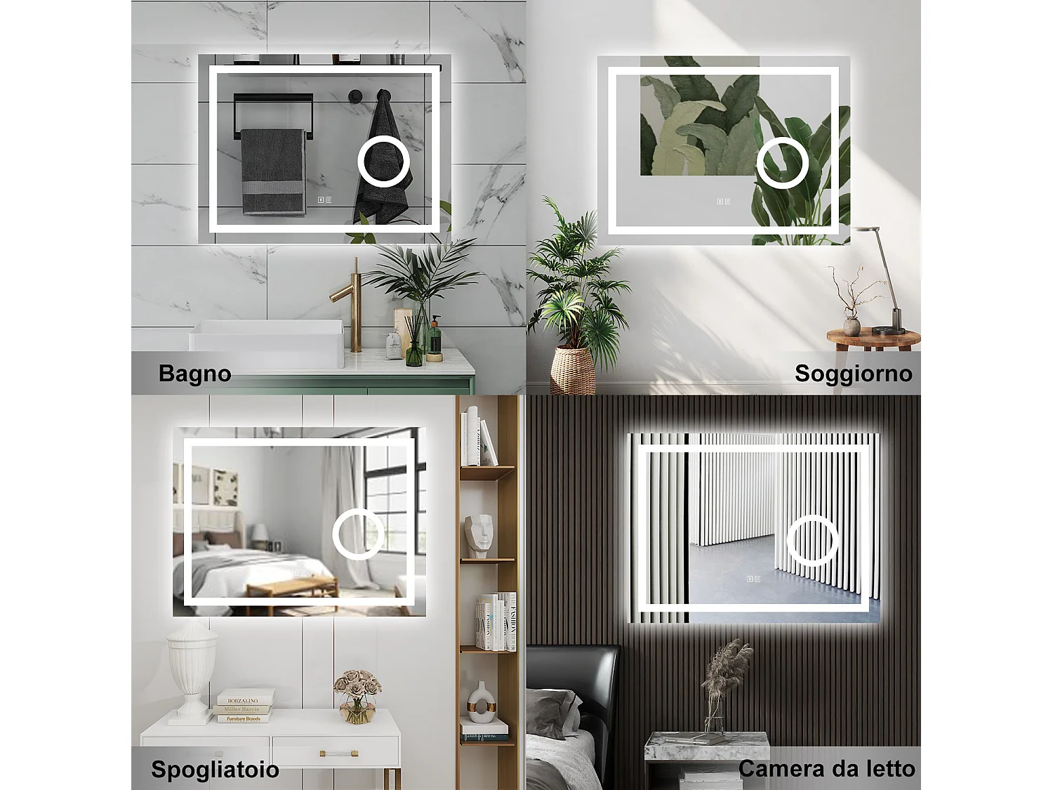 AICA Specchio da bagno  80 x 60 cm, dimmerabile, Blue tooth, Funzione Memoria, antiappannamento, 3 colori, Magnificatore