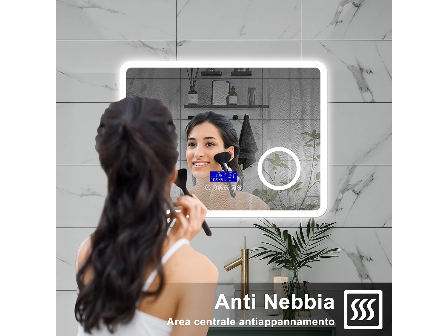 AICA Specchio da bagno  80 x 60 cm, dimmerabile, Blue tooth, Funzione Memoria, antiappannamento, 3 colori, Magnificatore,  orologio
