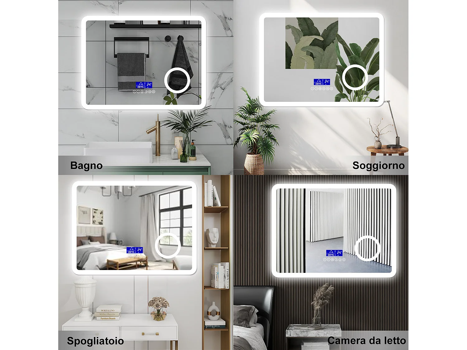 AICA Specchio da bagno  80 x 60 cm, dimmerabile, Blue tooth, Funzione Memoria, antiappannamento, 3 colori, Magnificatore,  orologio