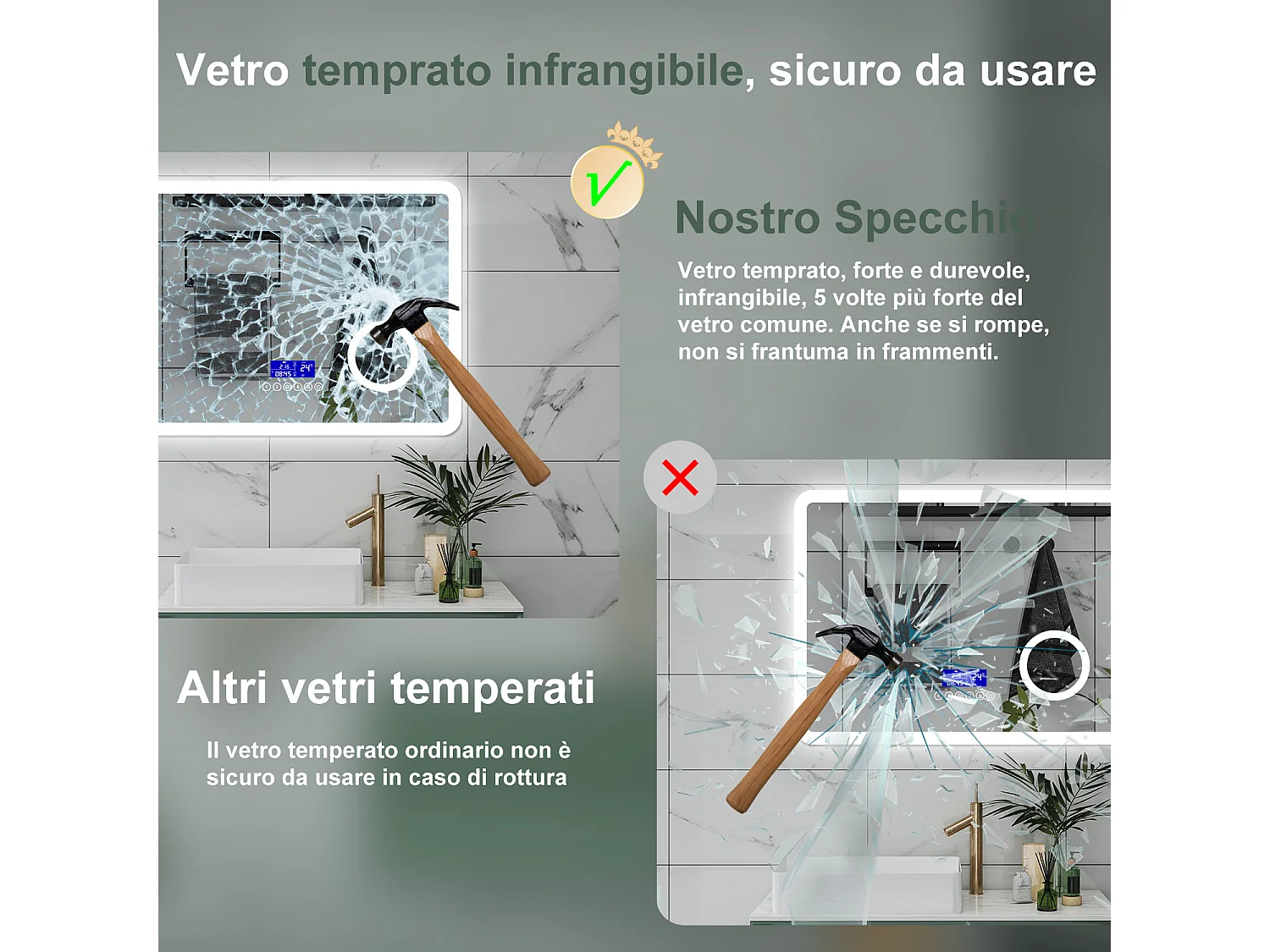 AICA Specchio da bagno  80 x 60 cm, dimmerabile, Blue tooth, Funzione Memoria, antiappannamento, 3 colori, Magnificatore,  orologio