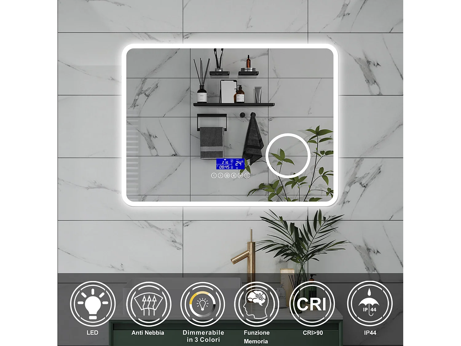 AICA Specchio da bagno  80 x 60 cm, dimmerabile, Blue tooth, Funzione Memoria, antiappannamento, 3 colori, Magnificatore,  orologio