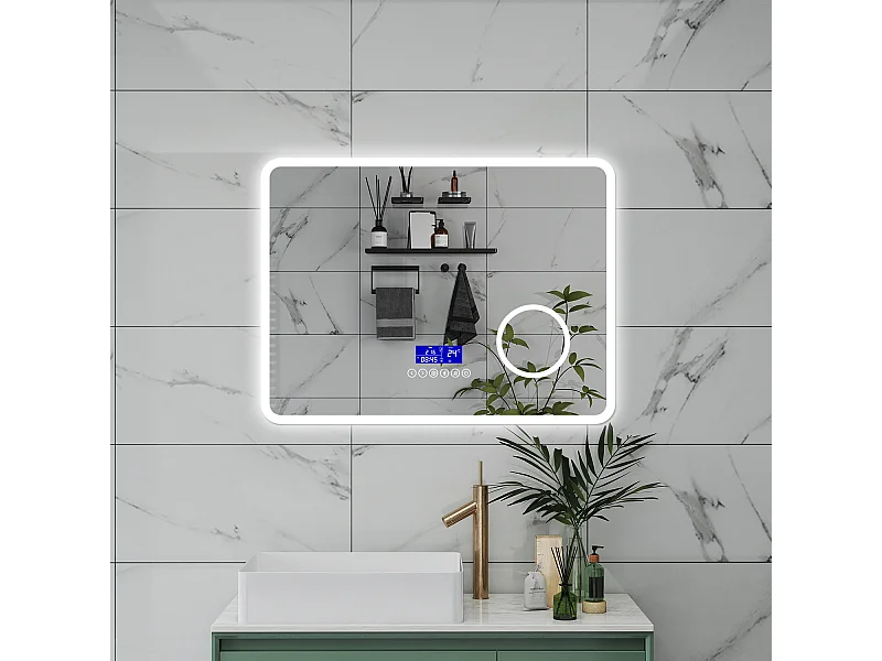 AICA Specchio da bagno  80 x 60 cm, dimmerabile, Blue tooth, Funzione Memoria, antiappannamento, 3 colori, Magnificatore,  orologio