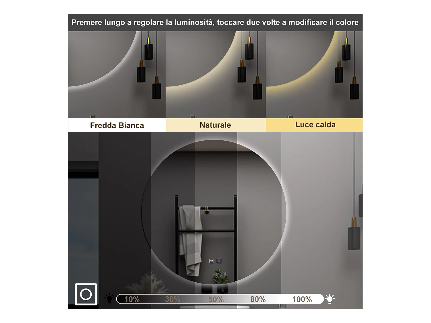 AICA Specchio da bagno 60 x 60 cm, 3 colori, antiappannamento, dimmerabile, interruttore touch, Funzione Memoria