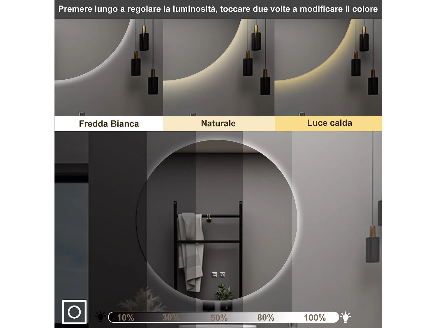 AICA Specchio da bagno 60 x 60 cm, 3 colori, antiappannamento, dimmerabile, interruttore touch, Funzione Memoria