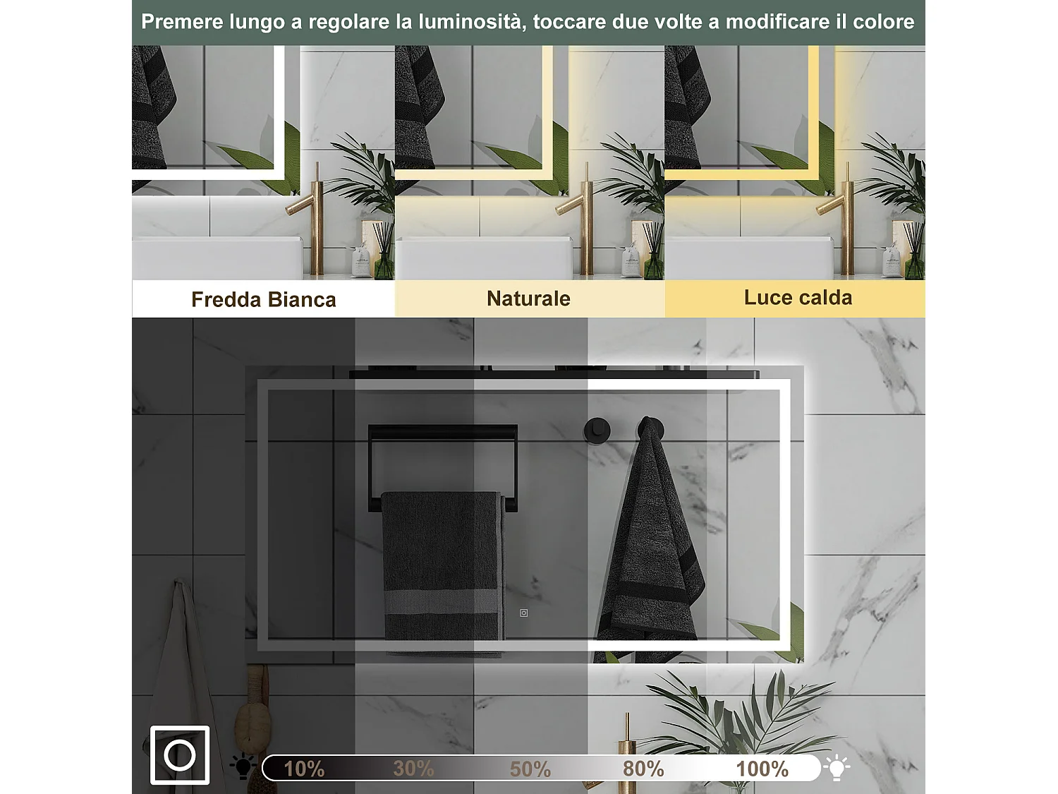 AICA Specchio da bagno  80 x 150 cm, dimmerabile, interruttore touch, Funzione Memoria, antiappannamento, 3 colori