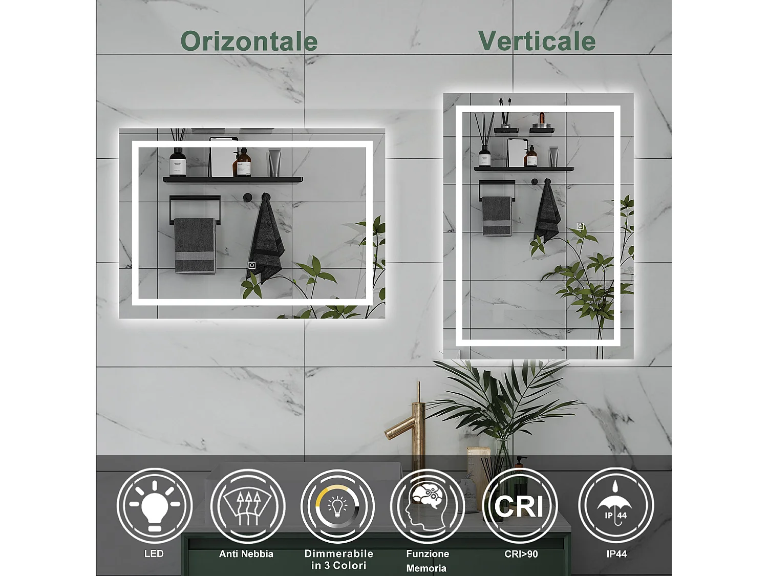 AICA Specchio da bagno  80 x 150 cm, dimmerabile, interruttore touch, Funzione Memoria, antiappannamento, 3 colori