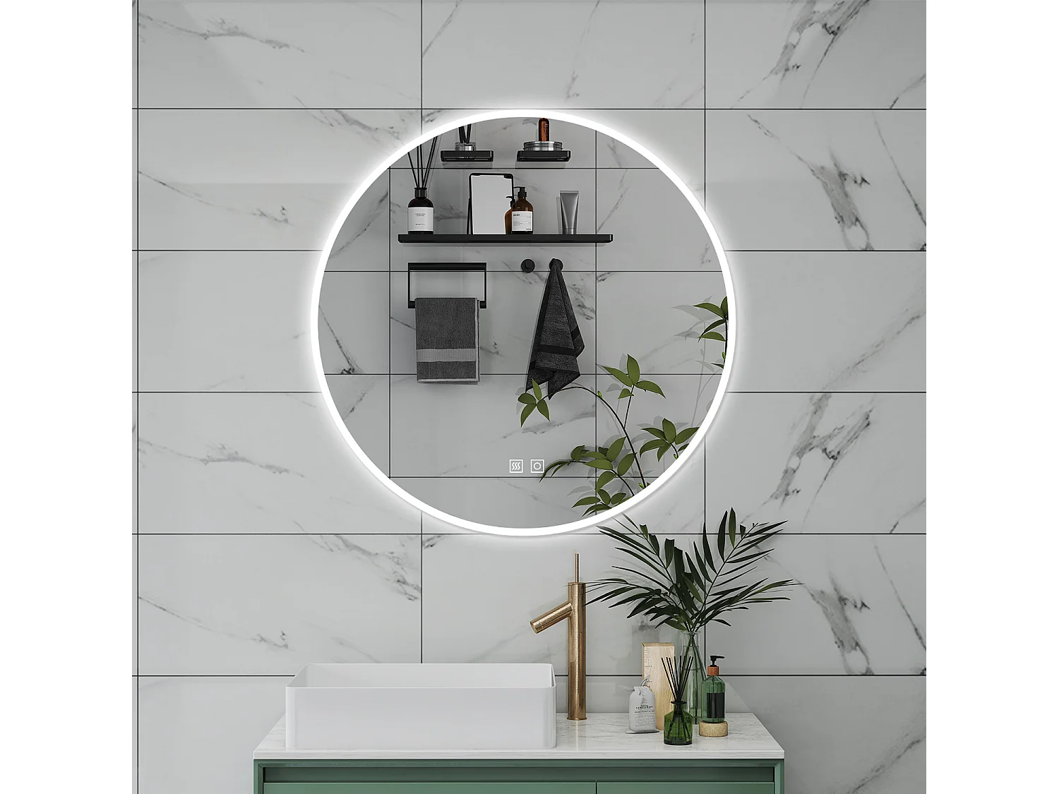 AICA Specchio da bagno 70 x 70 cm, 3 colori, antiappannamento, dimmerabile, interruttore touch, Funzione Memoria