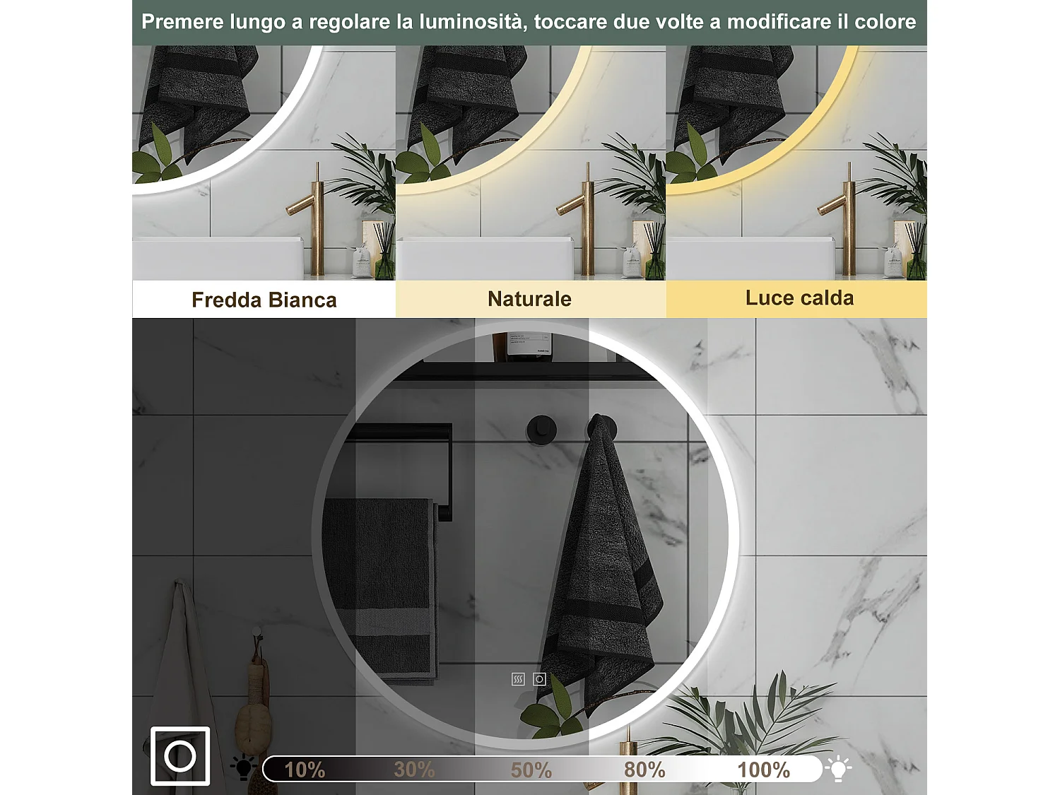 AICA Specchio da bagno 70 x 70 cm, 3 colori, antiappannamento, dimmerabile, interruttore touch, Funzione Memoria