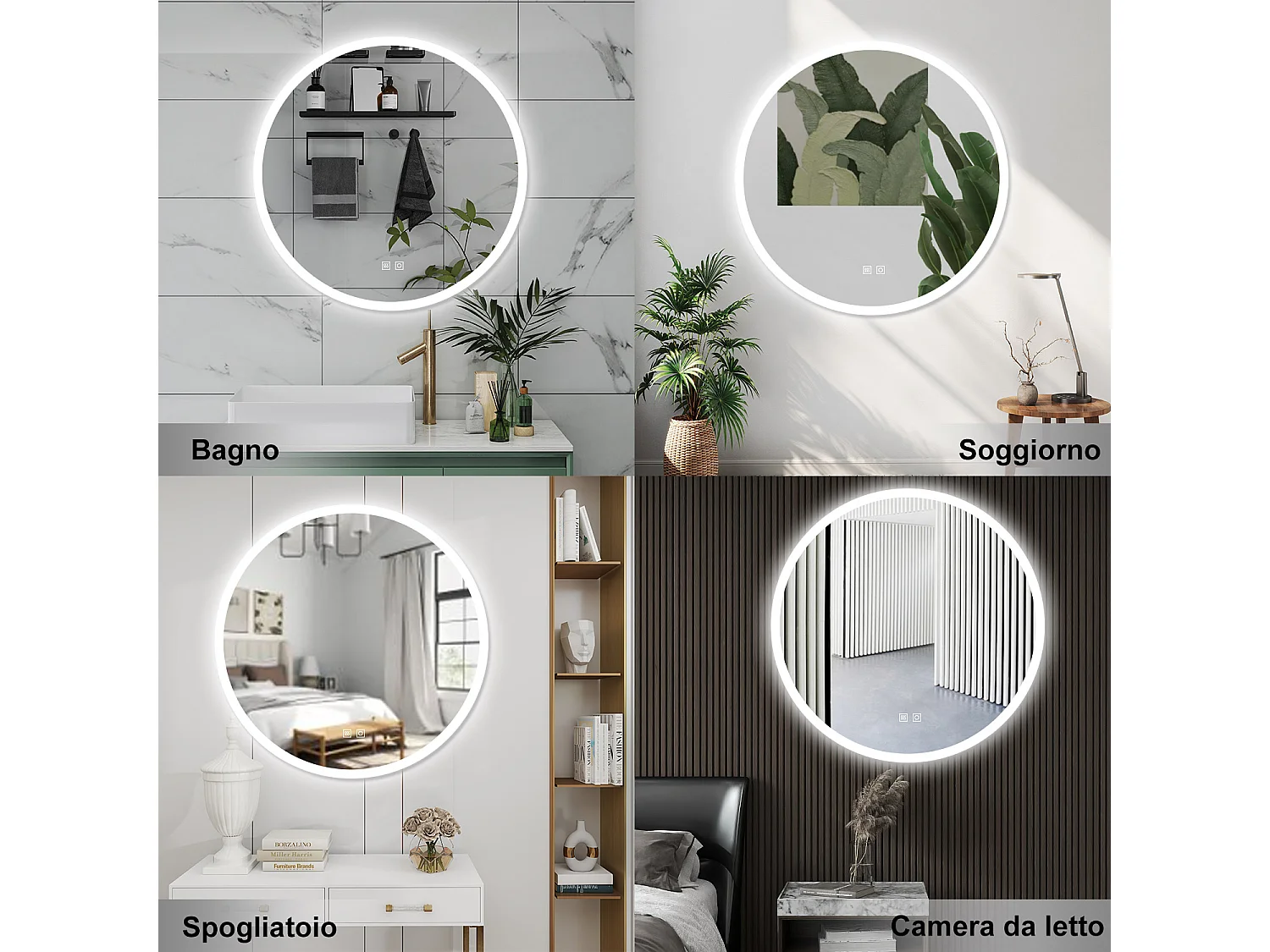 AICA Specchio da bagno 70 x 70 cm, 3 colori, antiappannamento, dimmerabile, interruttore touch, Funzione Memoria