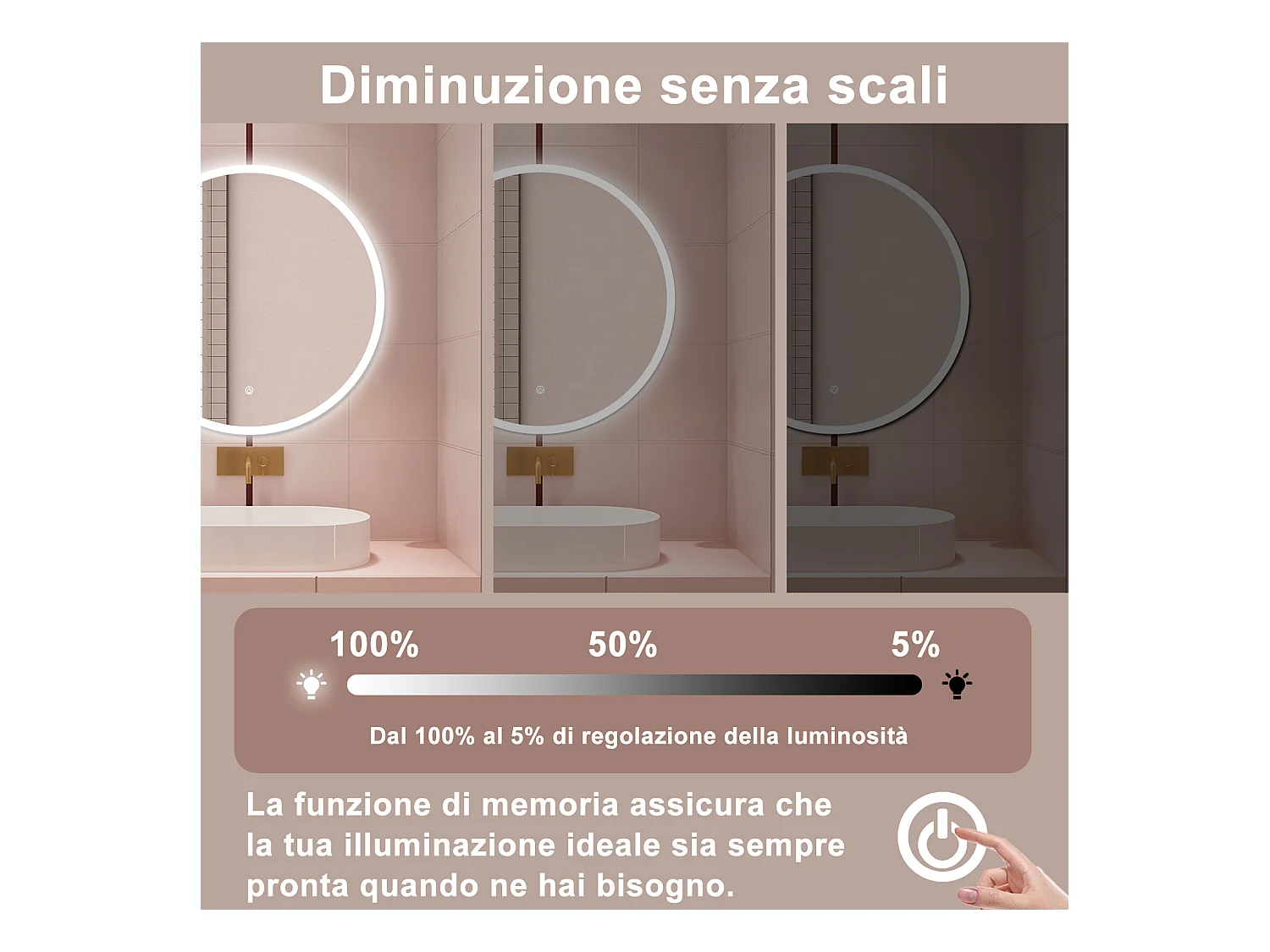 AICA Specchio da bagno 60 x 60 cm, antiappannamento, dimmerabile, interruttore touch, Funzione Memoria