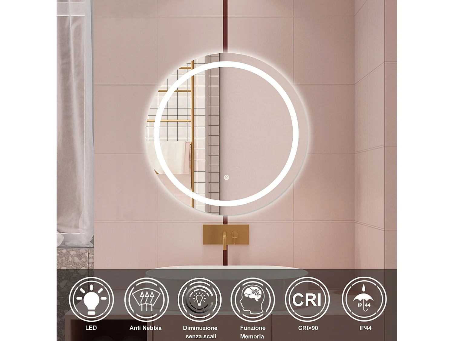 AICA Specchio da bagno 60 x 60 cm, antiappannamento, dimmerabile, interruttore touch, Funzione Memoria