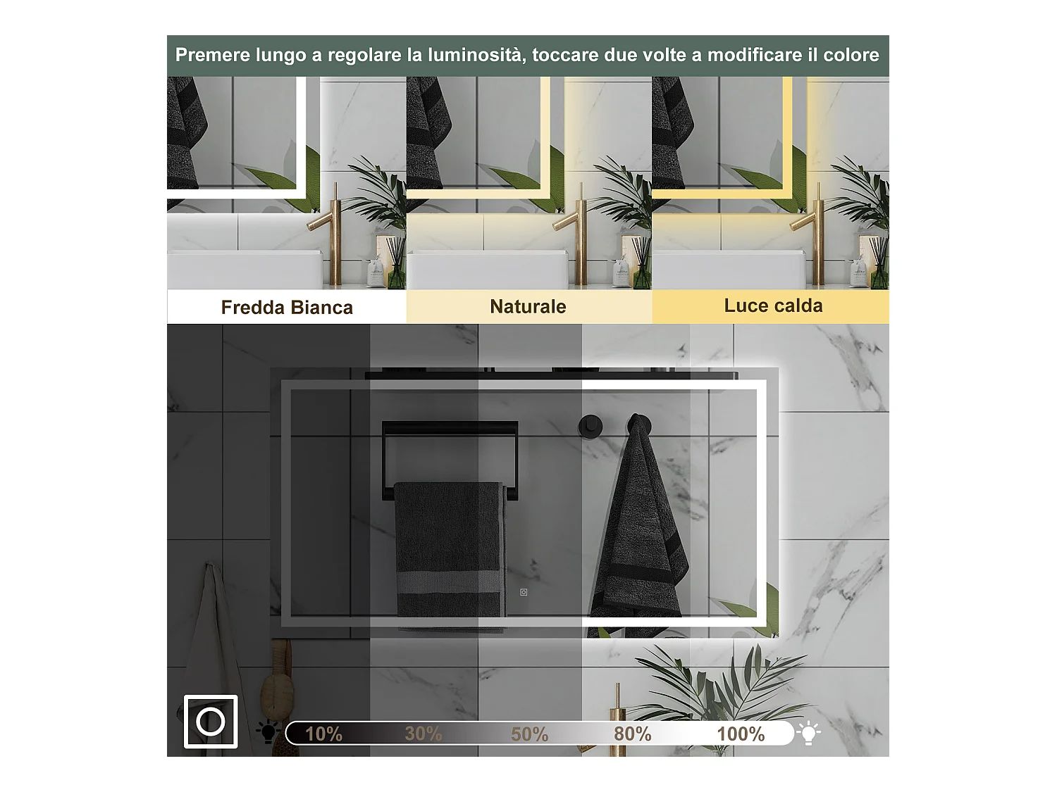 AICA Specchio da bagno  80 x 120 cm, dimmerabile, interruttore touch, Funzione Memoria, antiappannamento, 3 colori