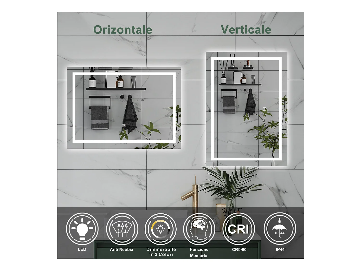 AICA Specchio da bagno  80 x 120 cm, dimmerabile, interruttore touch, Funzione Memoria, antiappannamento, 3 colori