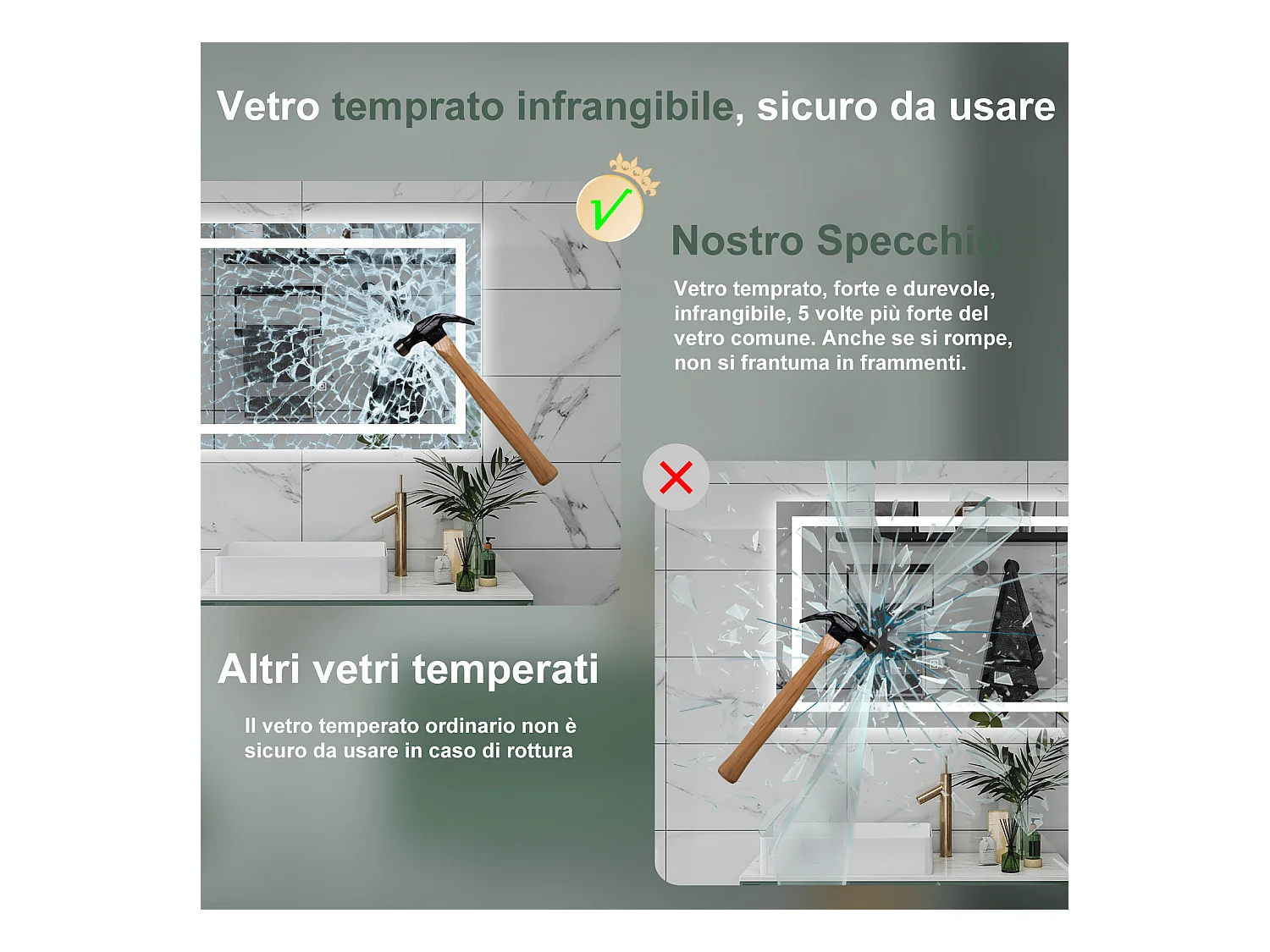 AICA Specchio da bagno  80 x 120 cm, dimmerabile, interruttore touch, Funzione Memoria, antiappannamento, 3 colori