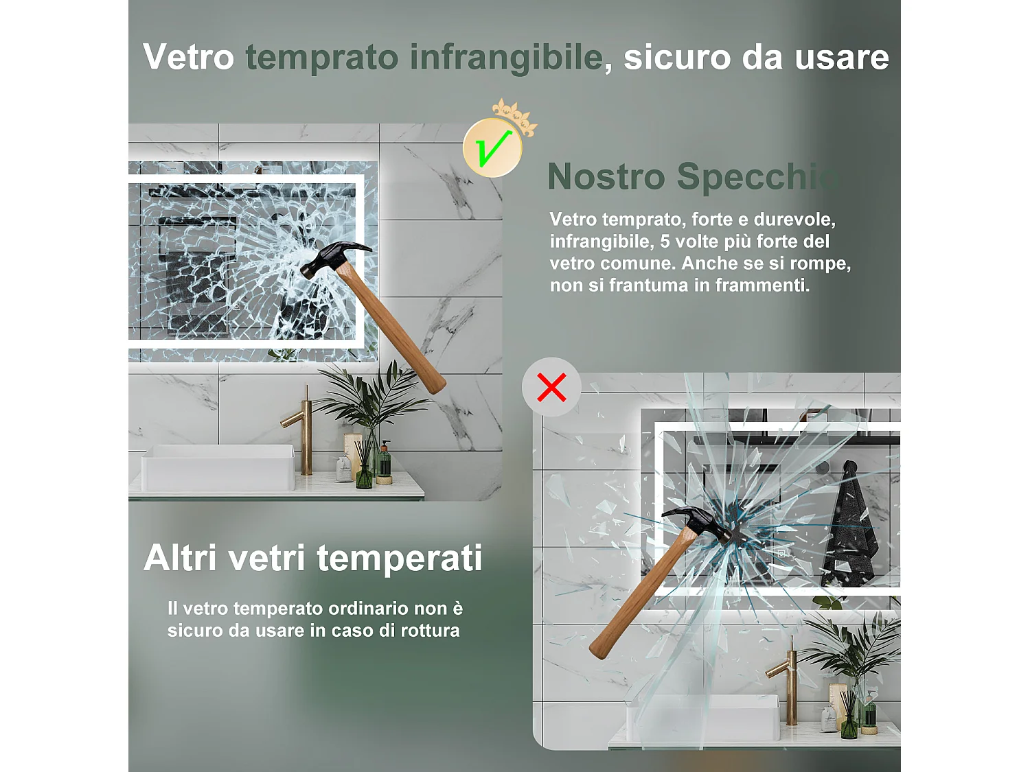 AICA Specchio da bagno  80 x 120 cm, dimmerabile, interruttore touch, Funzione Memoria, antiappannamento, 3 colori