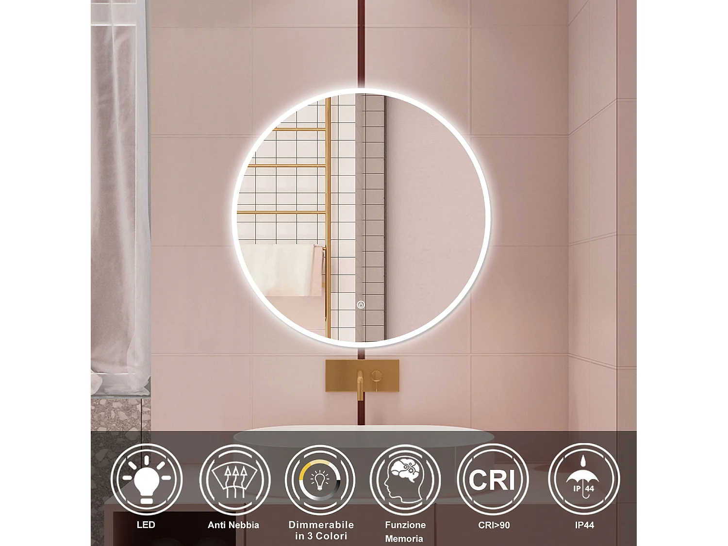 AICA Specchio da bagno 80 x 80 cm, 3 colori, antiappannamento, dimmerabile, interruttore touch, Funzione Memoria