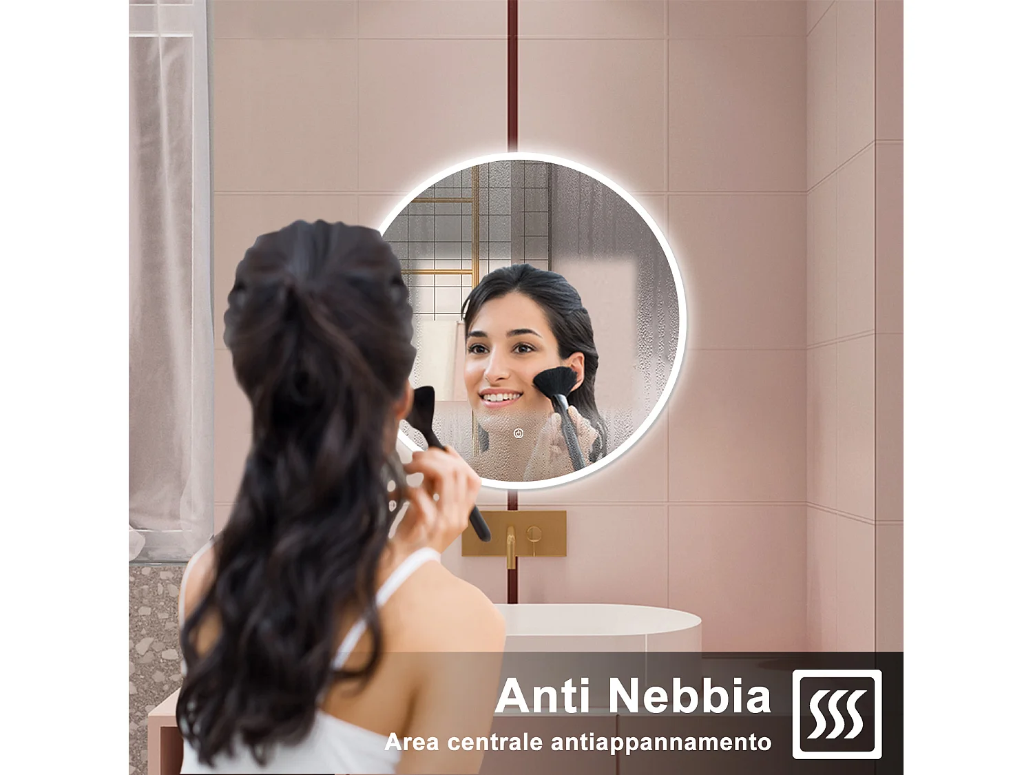 AICA Specchio da bagno 80 x 80 cm, 3 colori, antiappannamento, dimmerabile, interruttore touch, Funzione Memoria