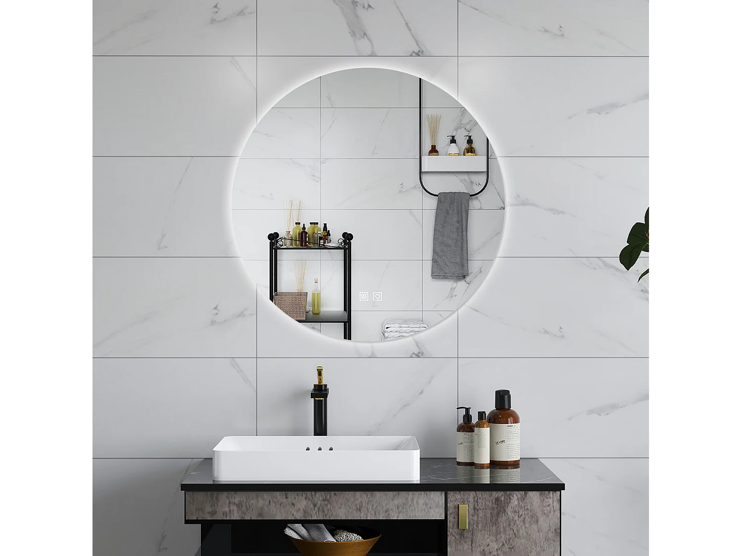 AICA Specchio da bagno 80 x 80 cm, 3 colori, antiappannamento, dimmerabile, interruttore touch, Funzione Memoria