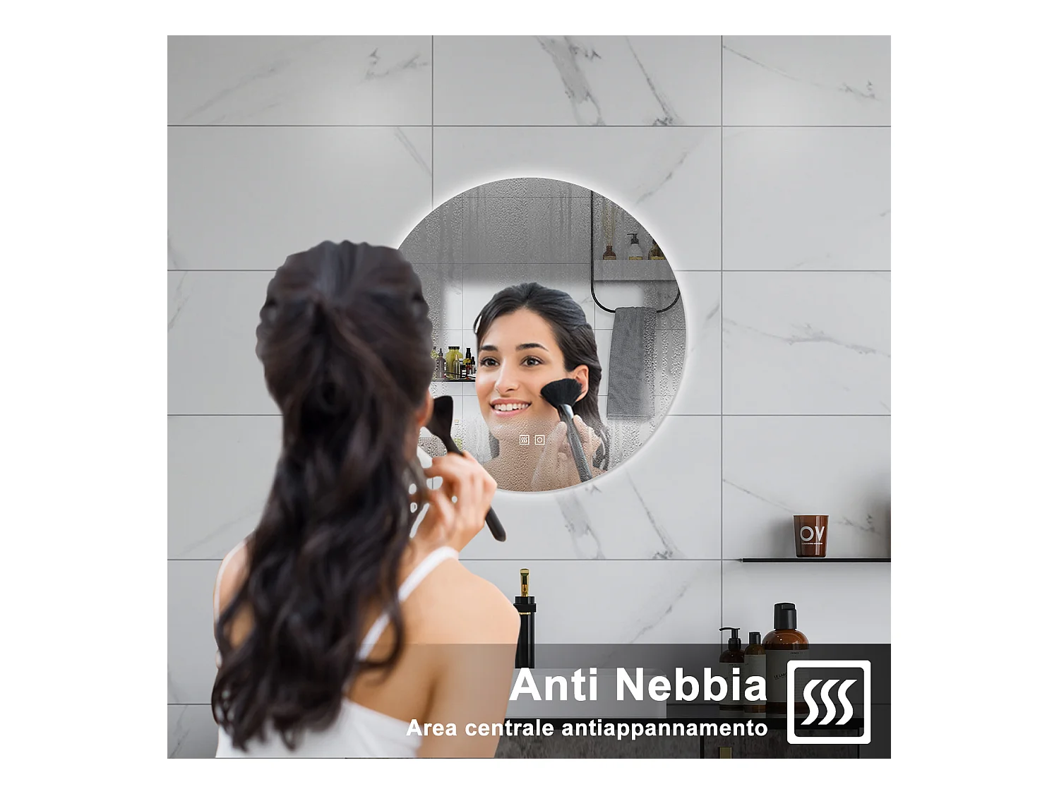 AICA Specchio da bagno 80 x 80 cm, 3 colori, antiappannamento, dimmerabile, interruttore touch, Funzione Memoria