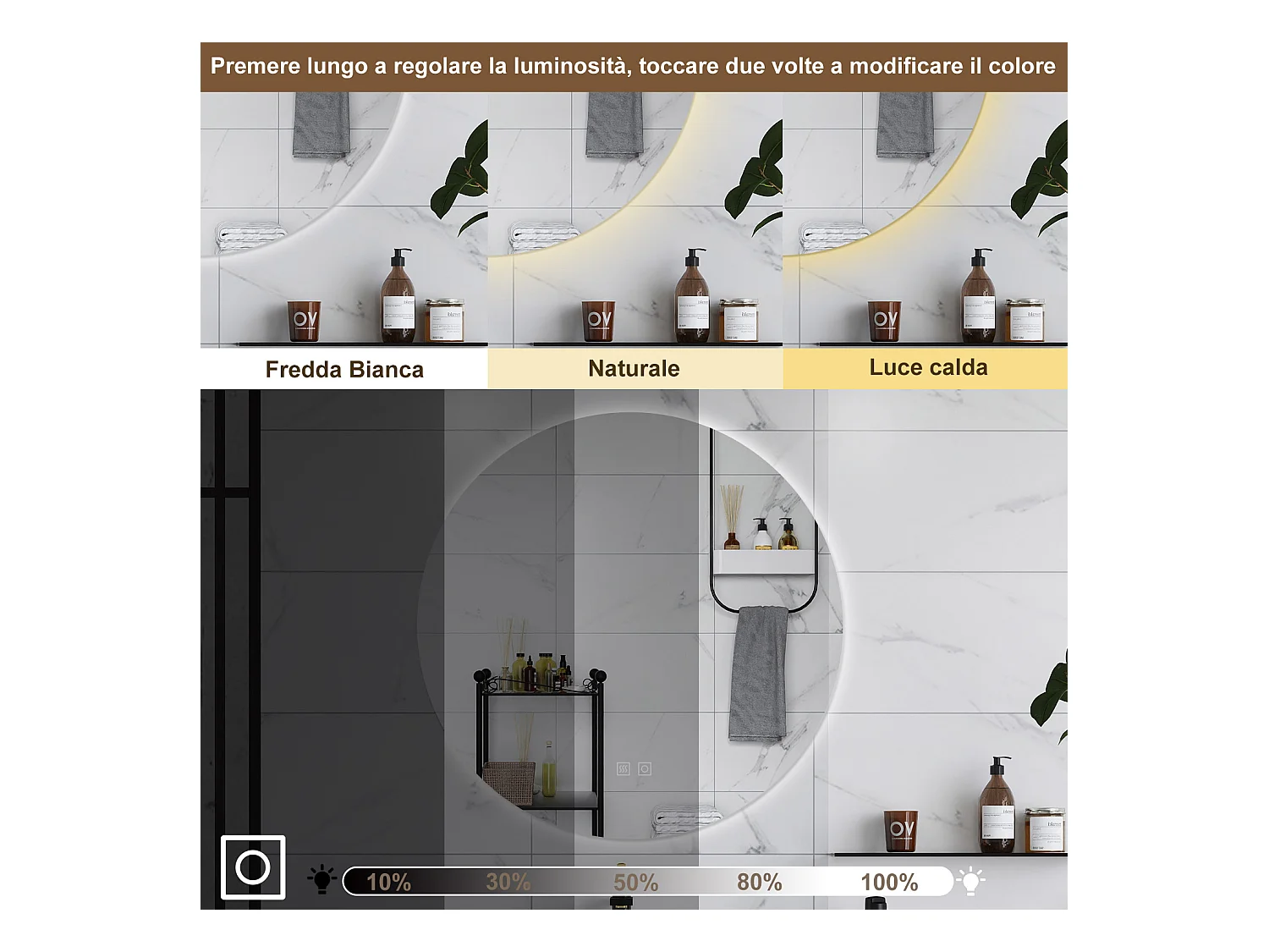 AICA Specchio da bagno 80 x 80 cm, 3 colori, antiappannamento, dimmerabile, interruttore touch, Funzione Memoria