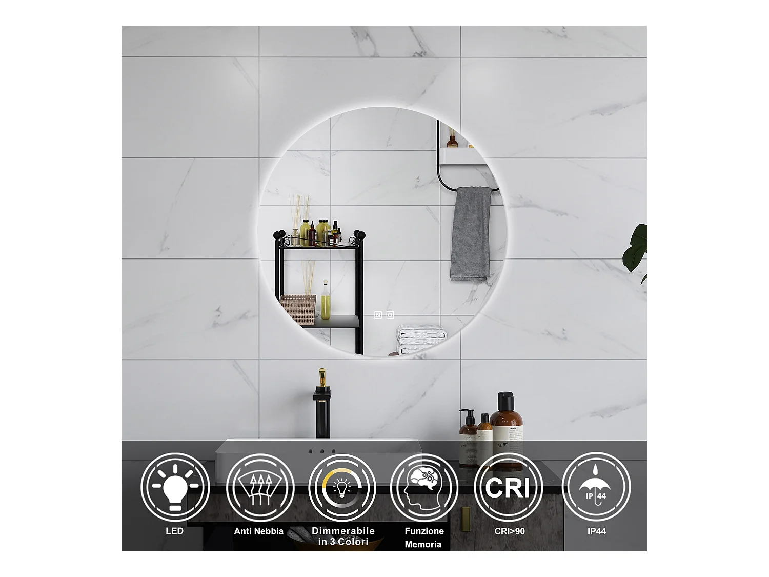 AICA Specchio da bagno 80 x 80 cm, 3 colori, antiappannamento, dimmerabile, interruttore touch, Funzione Memoria
