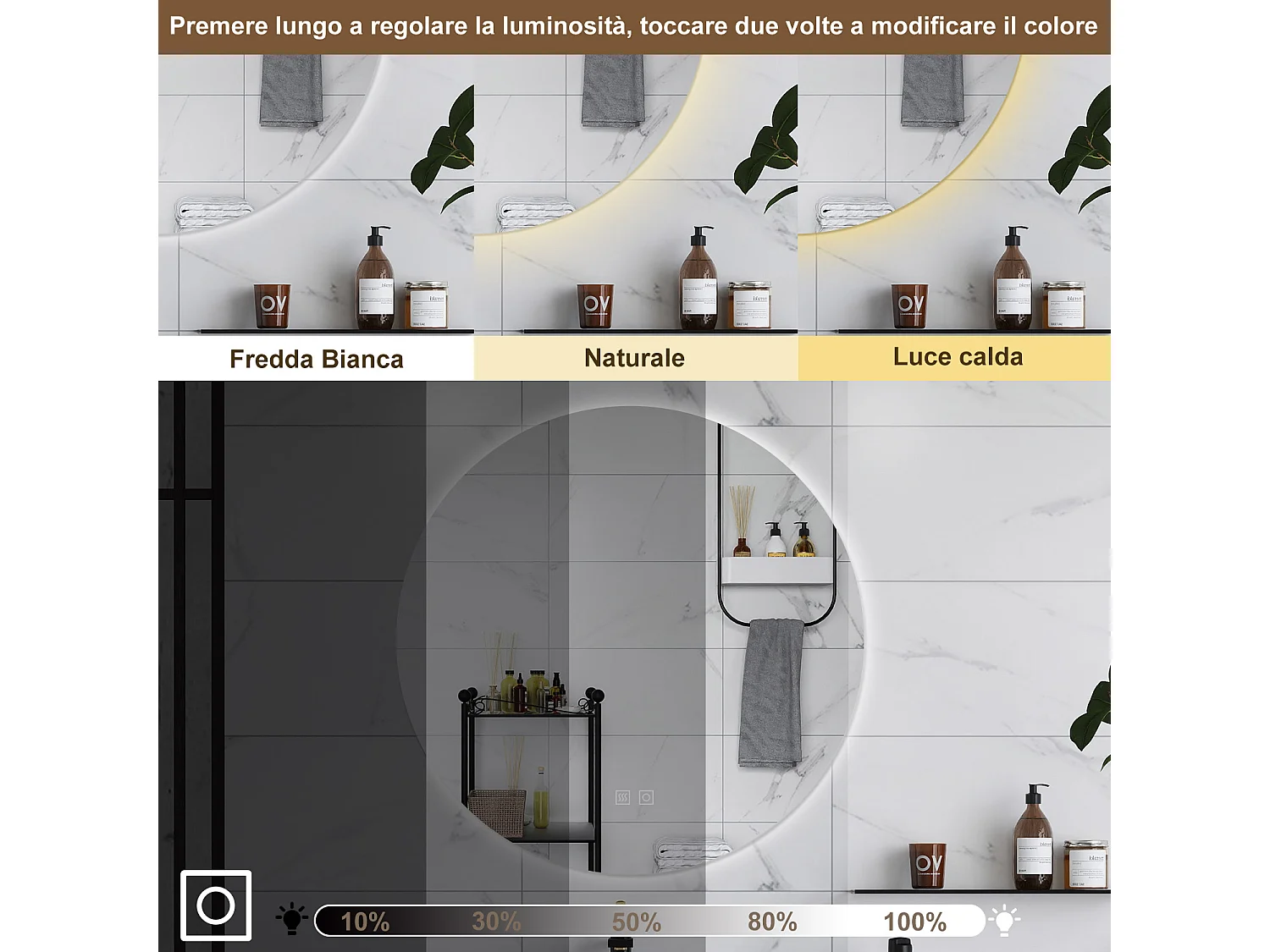 AICA Specchio da bagno 80 x 80 cm, 3 colori, antiappannamento, dimmerabile, interruttore touch, Funzione Memoria