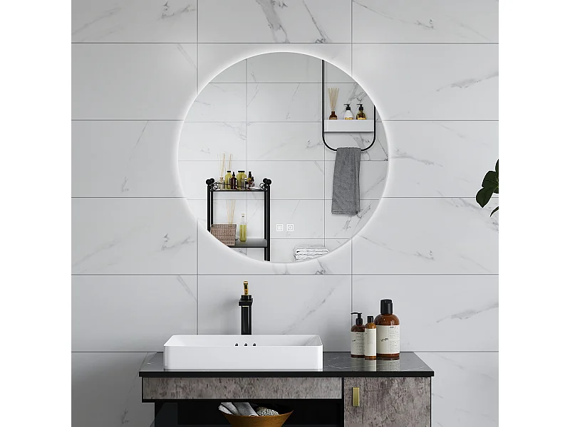 AICA Specchio da bagno 80 x 80 cm, 3 colori, antiappannamento, dimmerabile, interruttore touch, Funzione Memoria