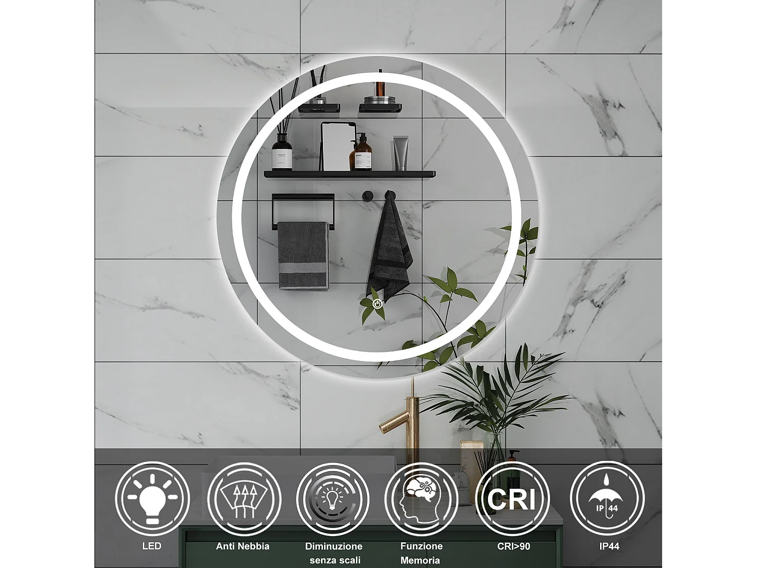 AICA Specchio da bagno 60 x 60 cm, antiappannamento, dimmerabile, interruttore touch, Funzione Memoria