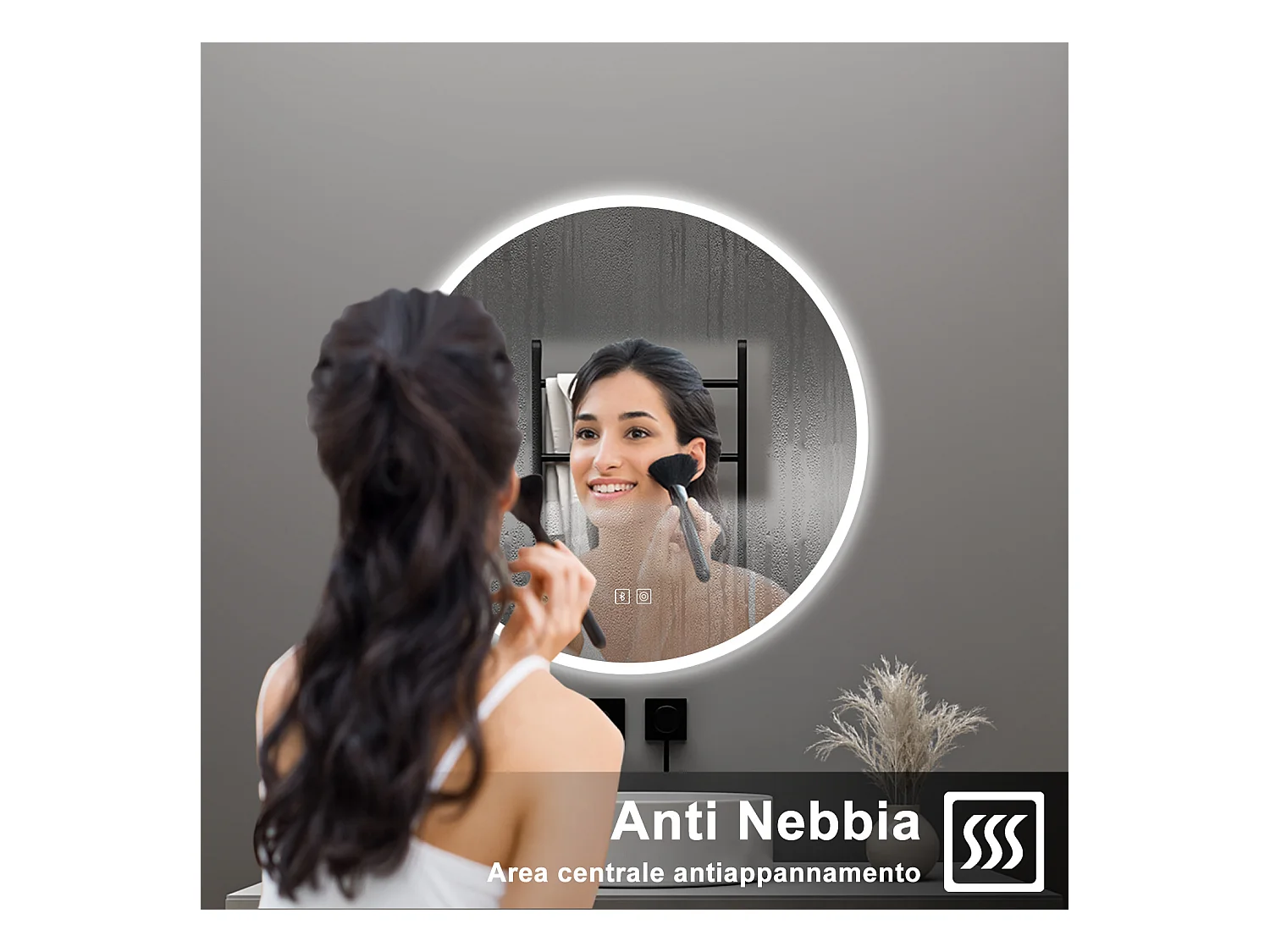 AICA Specchio da bagno 80 x 80 cm, blue tooth, 3 colori, antiappannamento, dimmerabile, interruttore touch, Funzione Memoria