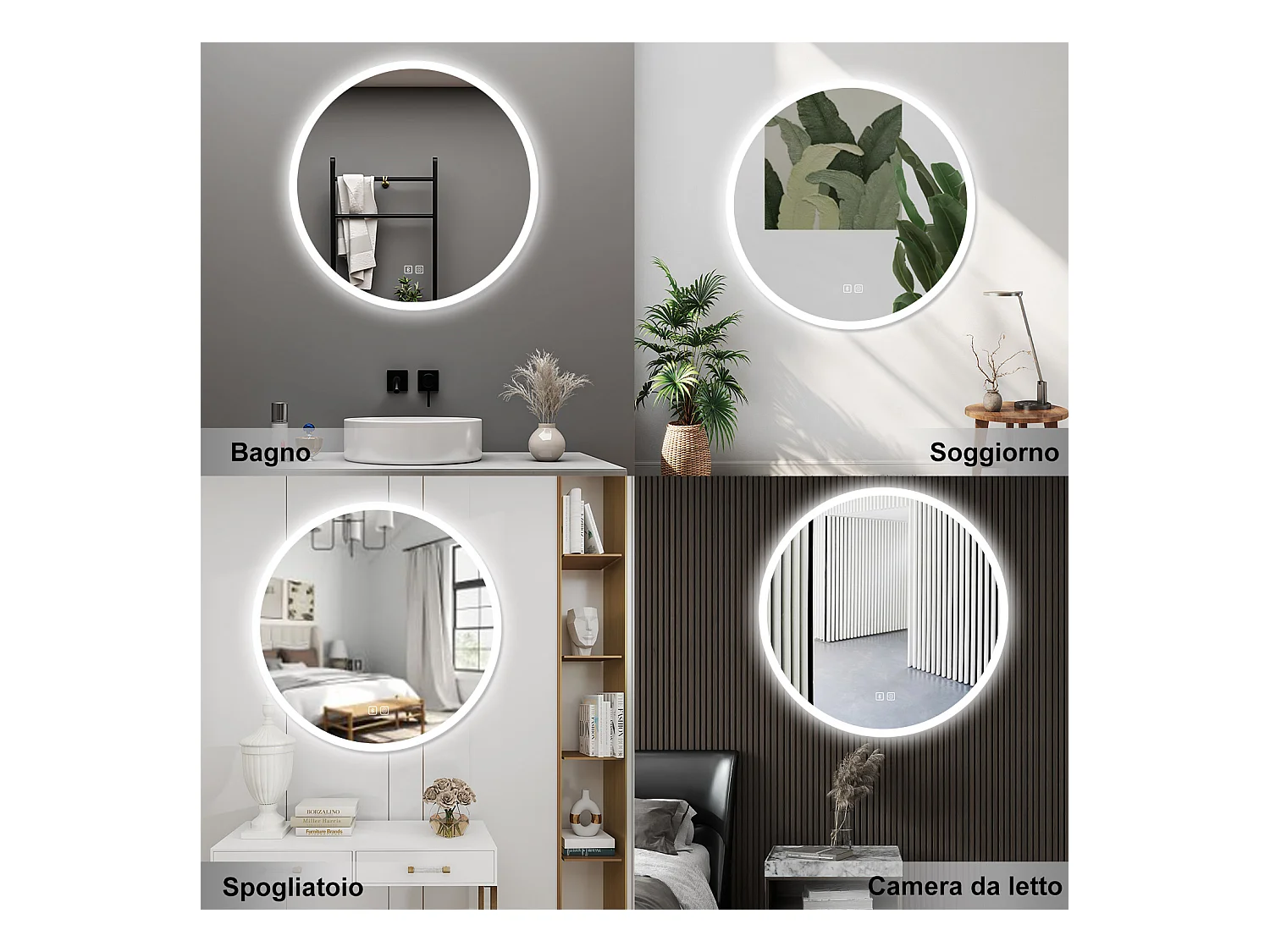 AICA Specchio da bagno 80 x 80 cm, blue tooth, 3 colori, antiappannamento, dimmerabile, interruttore touch, Funzione Memoria