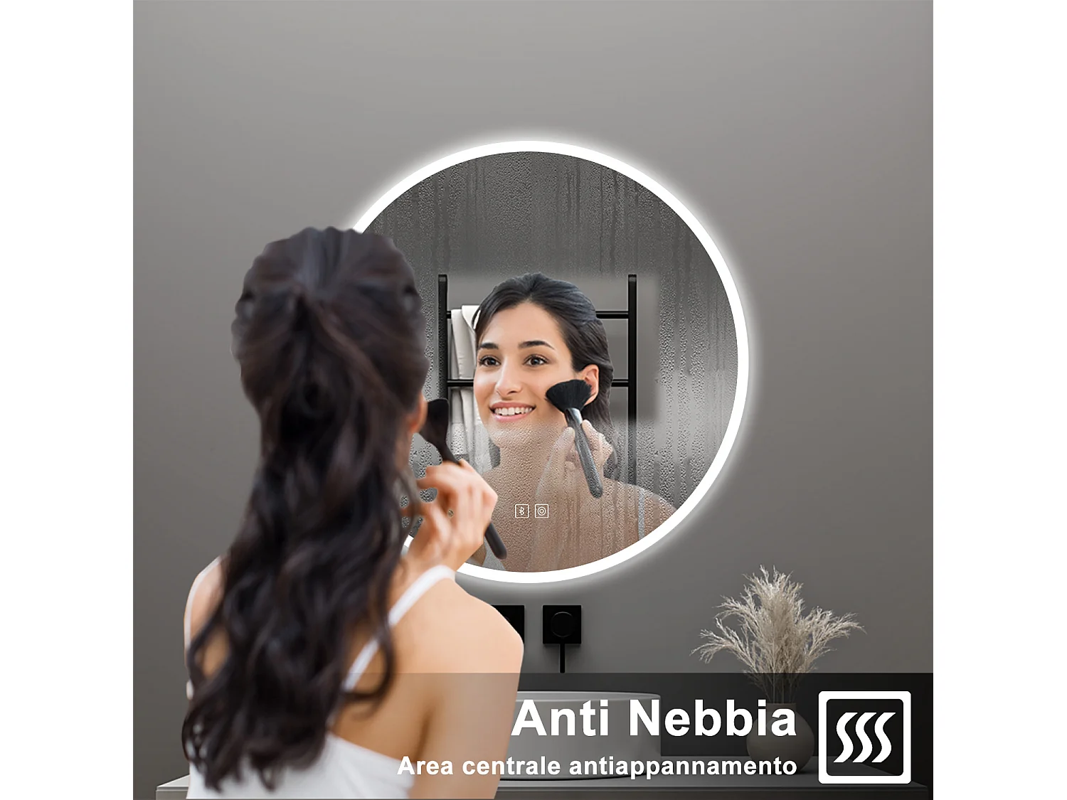 AICA Specchio da bagno 80 x 80 cm, blue tooth, 3 colori, antiappannamento, dimmerabile, interruttore touch, Funzione Memoria