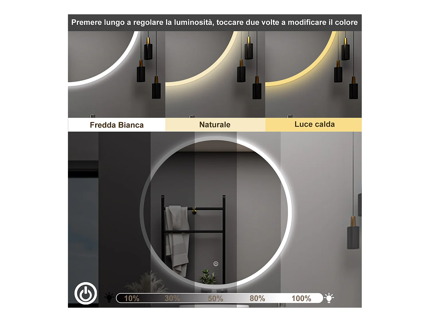 AICA Specchio da bagno 90 x 90 cm, 3 colori, antiappannamento, dimmerabile, interruttore touch, Funzione Memoria