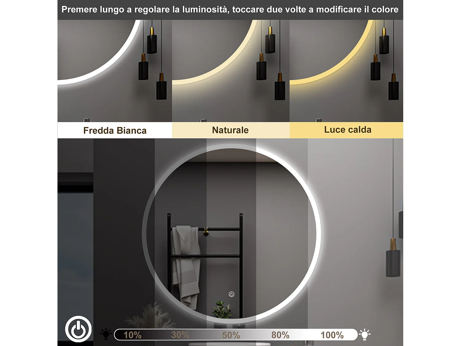 AICA Specchio da bagno 90 x 90 cm, 3 colori, antiappannamento, dimmerabile, interruttore touch, Funzione Memoria