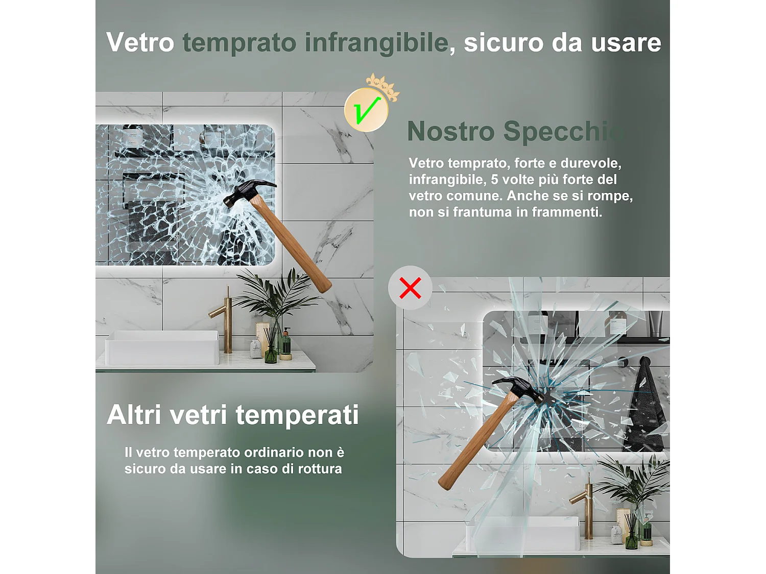 AICA Specchio da bagno 90 x 60 cm, dimmerabile, interruttore touch, Funzione Memoria