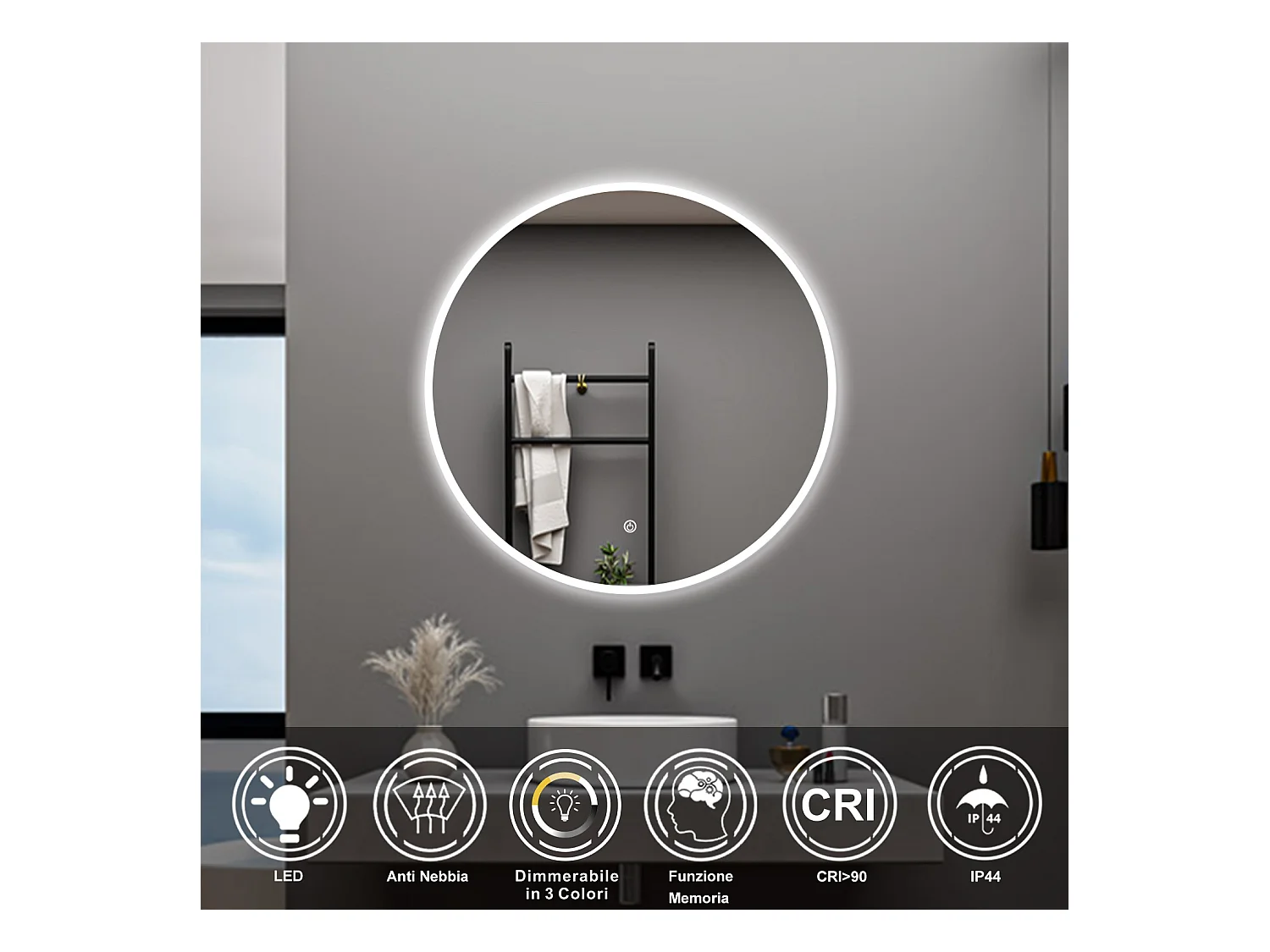 AICA Specchio da bagno 120 x 120 cm, 3 colori, antiappannamento, dimmerabile, interruttore touch, Funzione Memoria