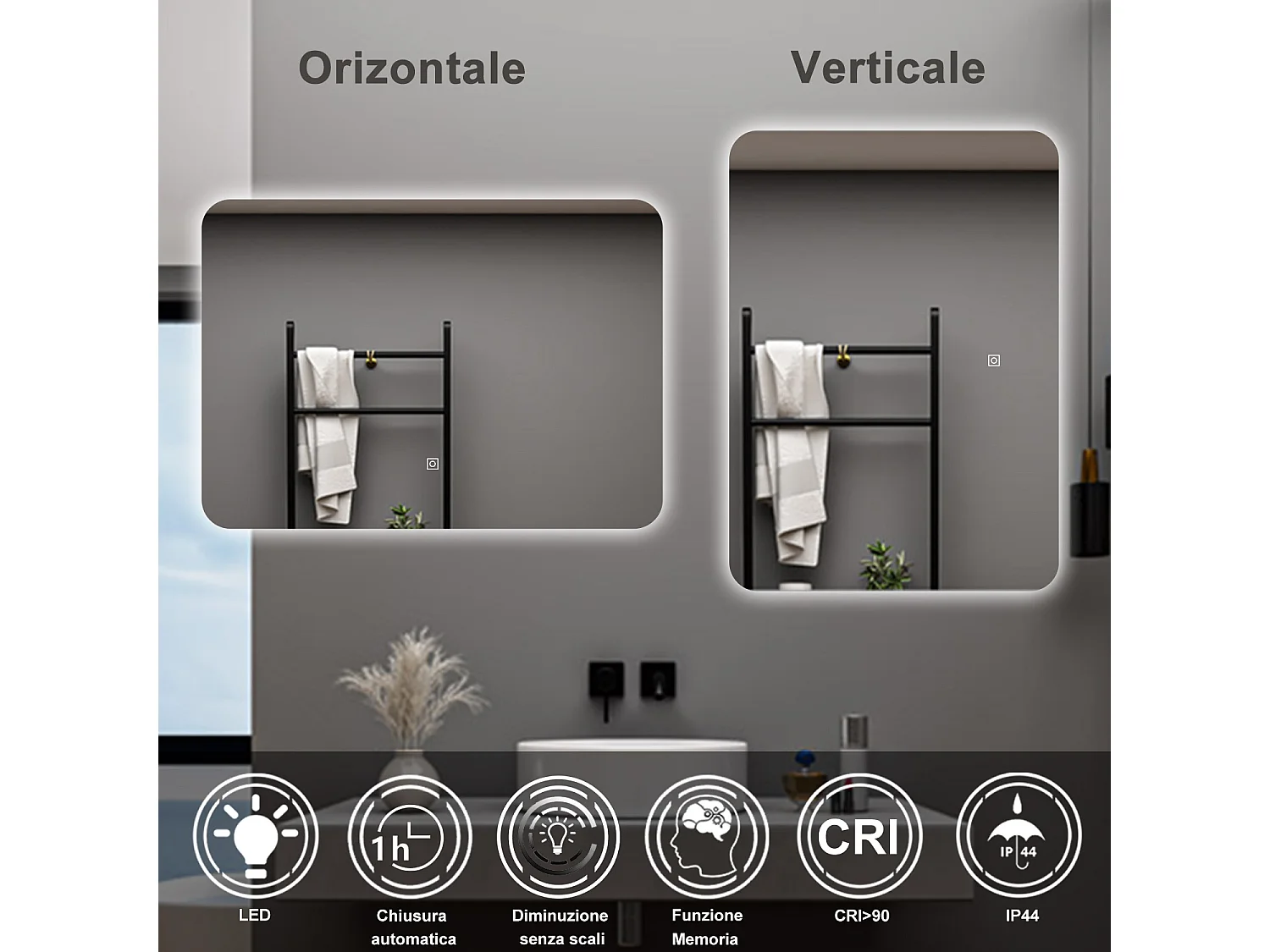 AICA Specchio da bagno 50 x 70 cm, dimmerabile, interruttore touch, Funzione Memoria