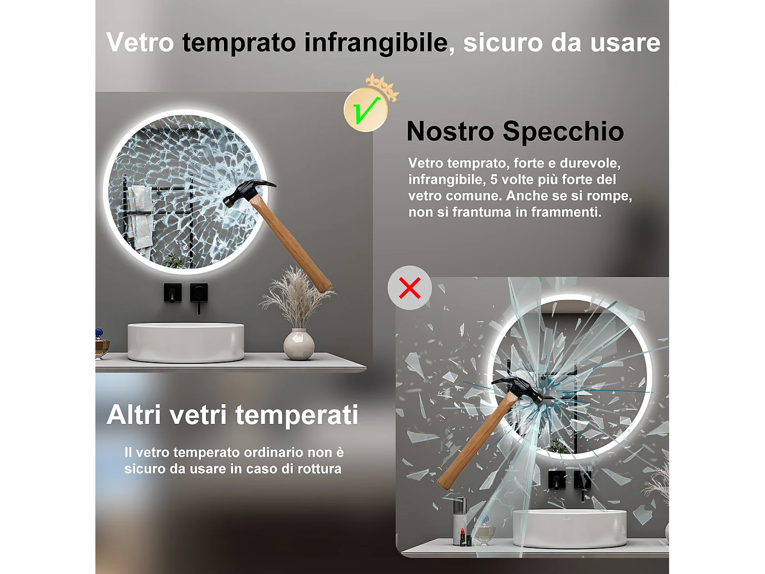 AICA Specchio da bagno 120 x 120 cm, antiappannamento, dimmerabile, interruttore touch, Funzione Memoria