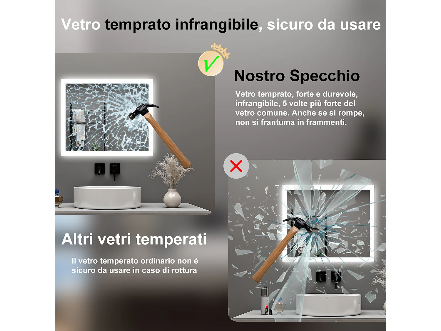 AICA Specchio da bagno  60 x 50 cm, dimmerabile, Funzione Memoria, antiappannamento, 3 colori