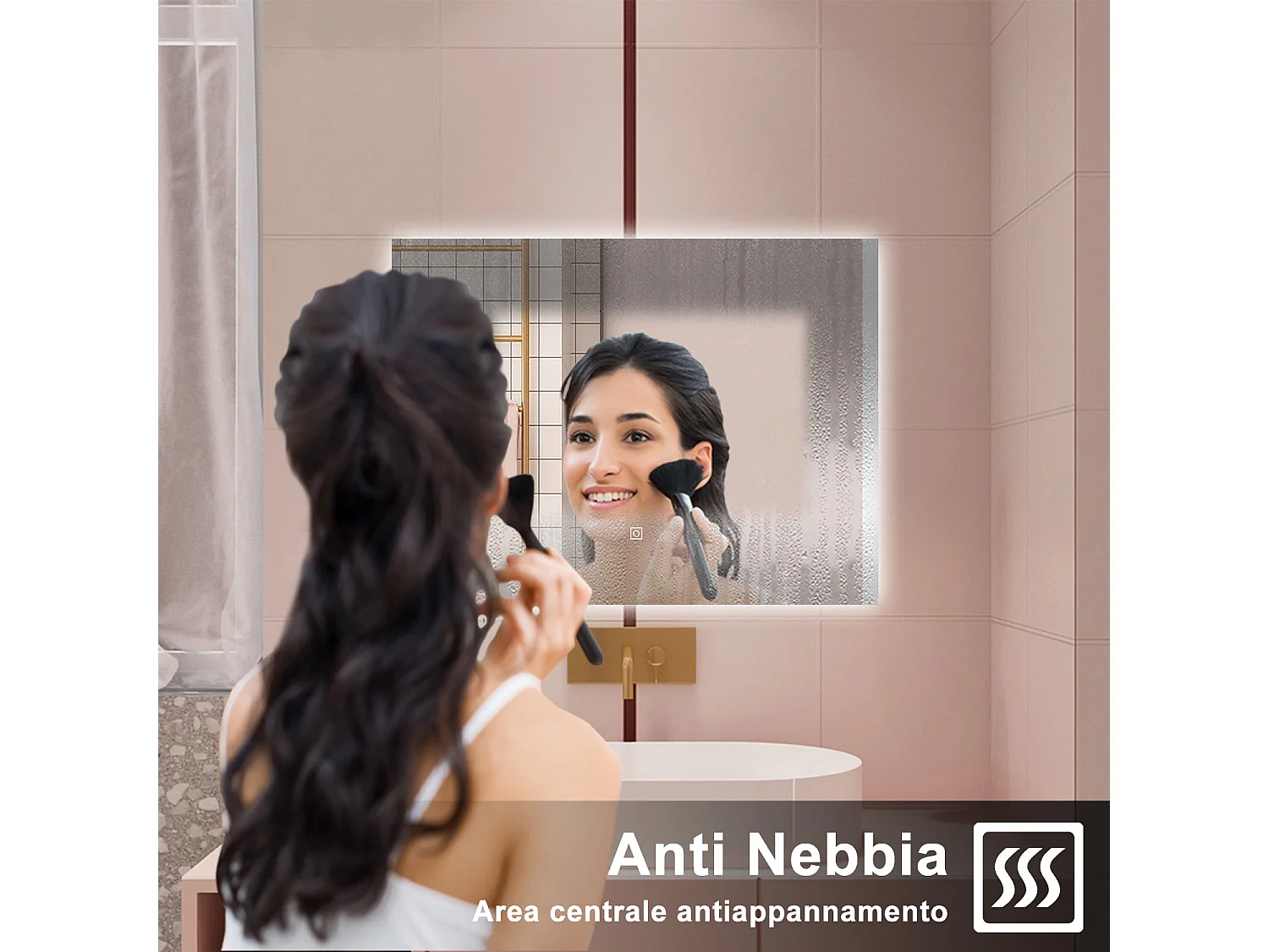 AICA Specchio da bagno 90 x 70 cm, antiappannamento, dimmerabile, interruttore touch, Funzione Memoria